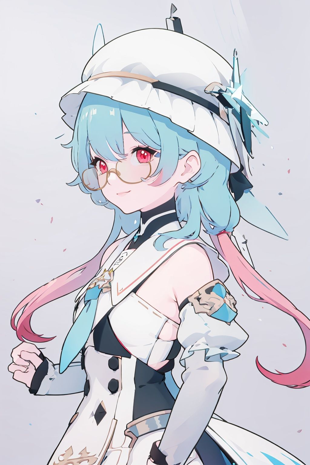 1girl, solo,  multicolored hair, hat, smile, blue hair, looking at viewer, glasses, red eyes, detached sleeves, bangs, gradient hair, dress, long hair, white headwear, pink hair,buleweiXF,
(masterpiece:1.2), best quality, masterpiece, highres, original,ultra-detailed, illustration,extremely detailed wallpaper, perfect lighting,(extremely detailed CG:1.2), drawing, paintbrush,
