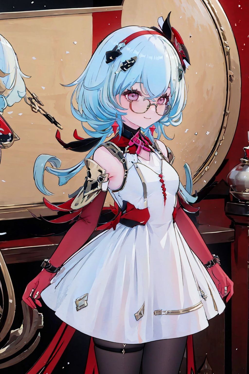 1girl, solo, red gloves, gloves, looking at viewer, blue hair,smile, breasts, long hair, bangs, multicolored hair, glasses, elbow gloves, dress, jewelry, earrings, hair ornament,buleweiXF,

(masterpiece:1.2), best quality, masterpiece, highres, original,ultra-detailed, illustration,extremely detailed wallpaper, perfect lighting,(extremely detailed CG:1.2), drawing, paintbrush,
,buleweiXF