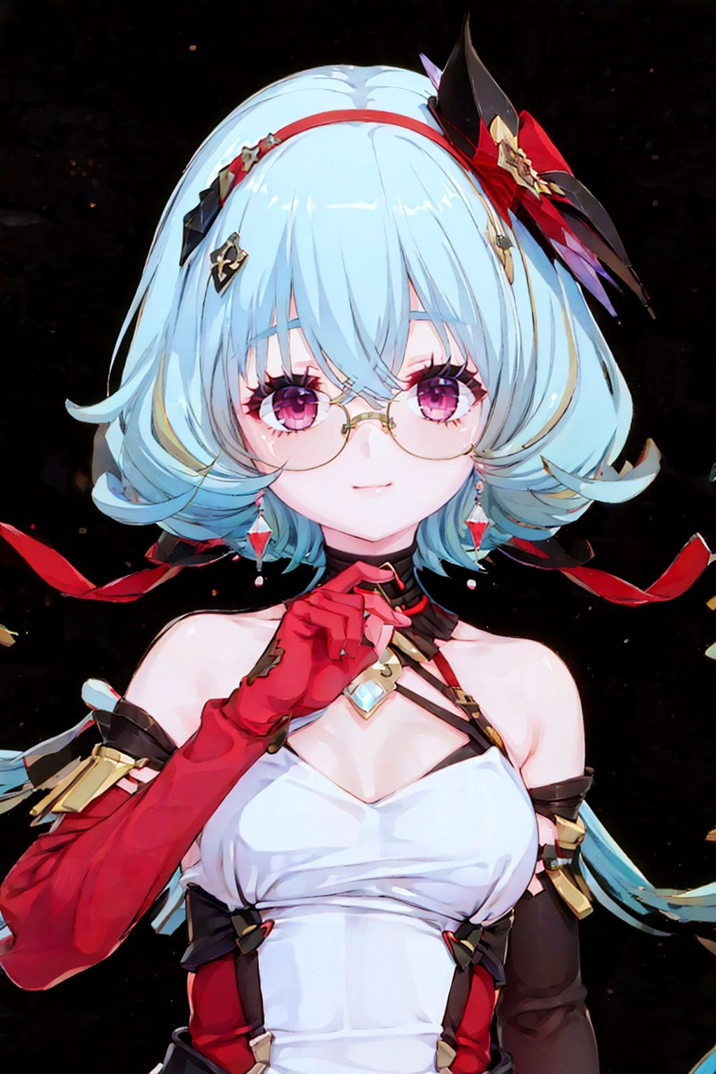 1girl, solo, red gloves, gloves, looking at viewer, blue hair,smile, breasts, long hair, bangs, multicolored hair, glasses, elbow gloves, dress, jewelry, earrings, hair ornament,buleweiXF,

(masterpiece:1.2), best quality, masterpiece, highres, original,ultra-detailed, illustration,extremely detailed wallpaper, perfect lighting,(extremely detailed CG:1.2), drawing, paintbrush,
,buleweiXF
