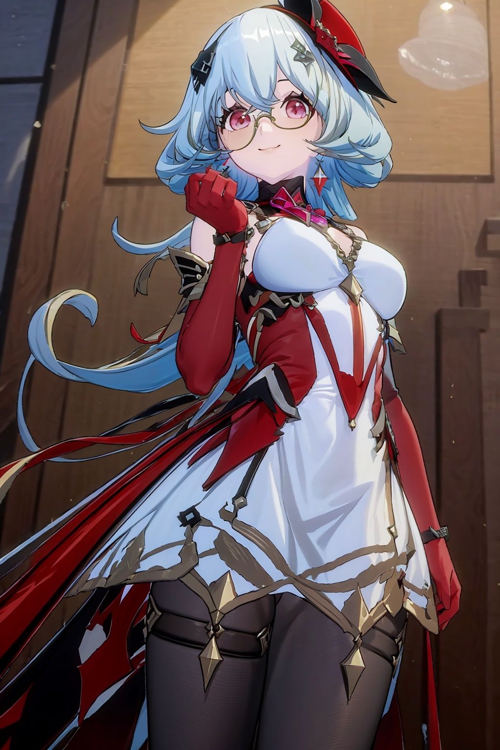 1girl, solo, red gloves, gloves, looking at viewer, blue hair,smile, breasts, long hair, bangs, multicolored hair, glasses, elbow gloves, dress, jewelry, earrings, hair ornament,buleweiXF,

(masterpiece:1.2), best quality, masterpiece, highres, original,ultra-detailed, illustration,extremely detailed wallpaper, perfect lighting,(extremely detailed CG:1.2), drawing, paintbrush,
,buleweiXF