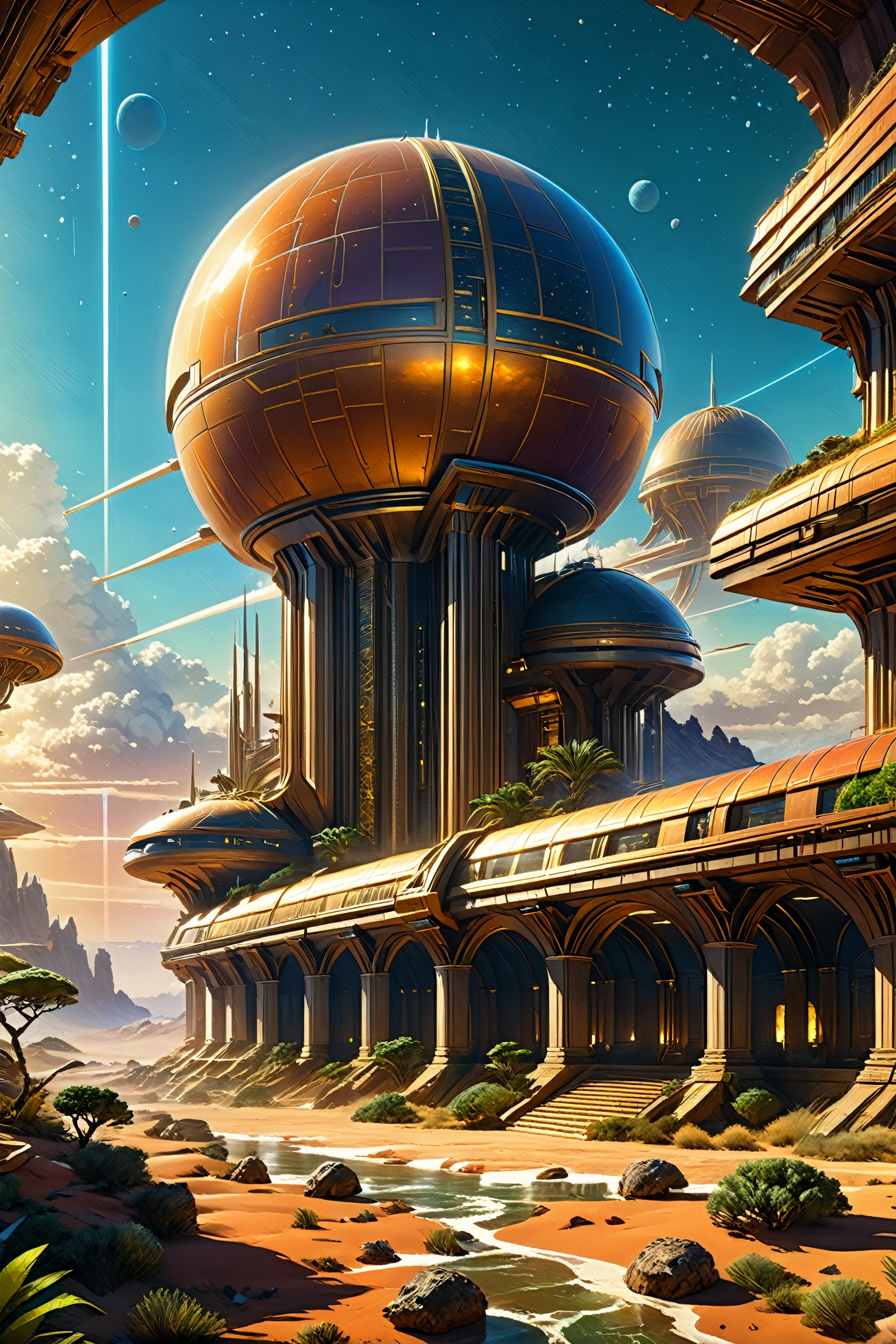 retro scifi landscape, beautiful colours, sharp textures, nikolay georgiev, alex ross, bruce pennington, donato giancola, larry elmore, masterpiece, oils on canvas, trending on artstation, featured on pixiv, cinematic composition, sharp, details, hyper - detailed, hd, hdr, 4 k, 8 k,Renaissance Sci-Fi Fantasy,DonMC3l3st14l3xpl0r3rsXL,more detail XL,High Renaissance,Sci-Fi