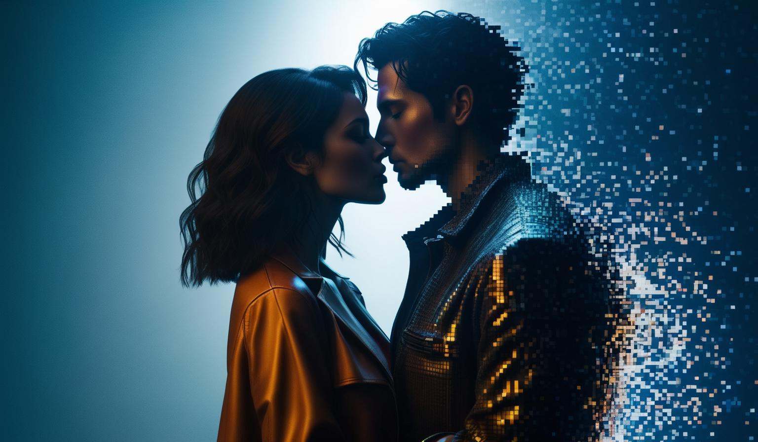 photo of a robot man dissolving into pixels kissing a robot woman dissolving into pixels,  cinematic,  cyberpunk on Tensor...
