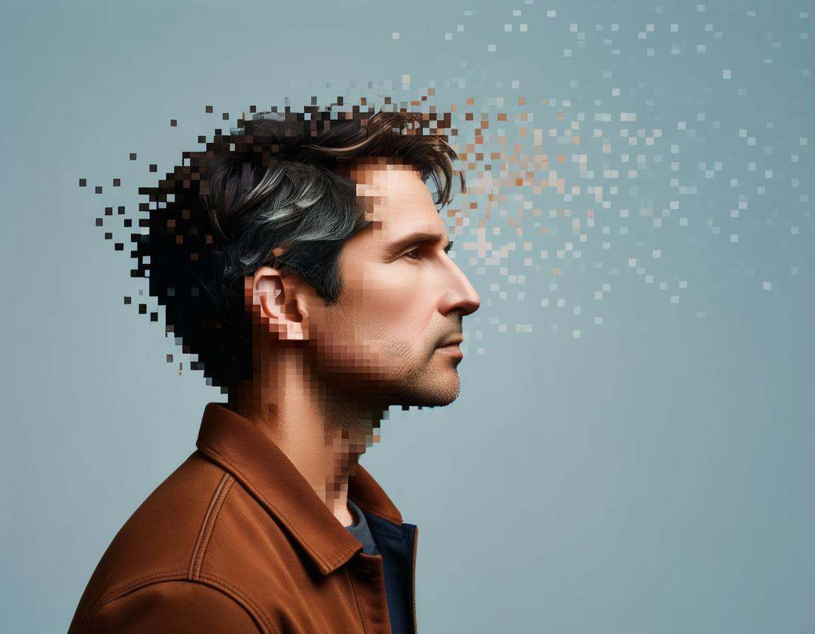 photo profile of a man dissolving into pixels upwards,  windy on Tensor.Art