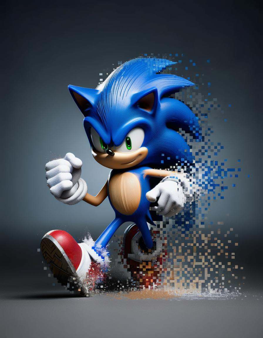 a close-up action shot profile of sonic the hedgehog running dissolving into pixels,  cinematic,  intricate on Tensor.Art