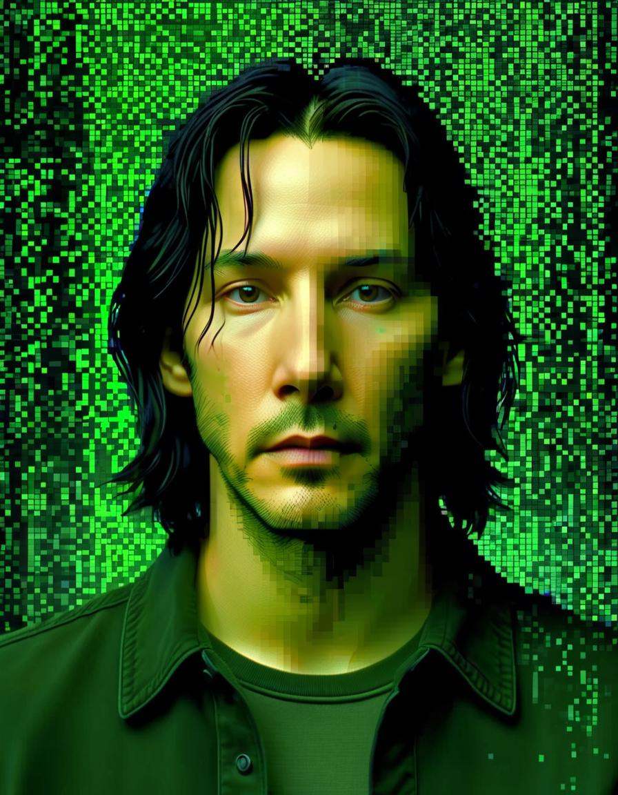 neo played by keanu reeves dissolving into pixels,  matrix 1999,  cinematic on Tensor.Art