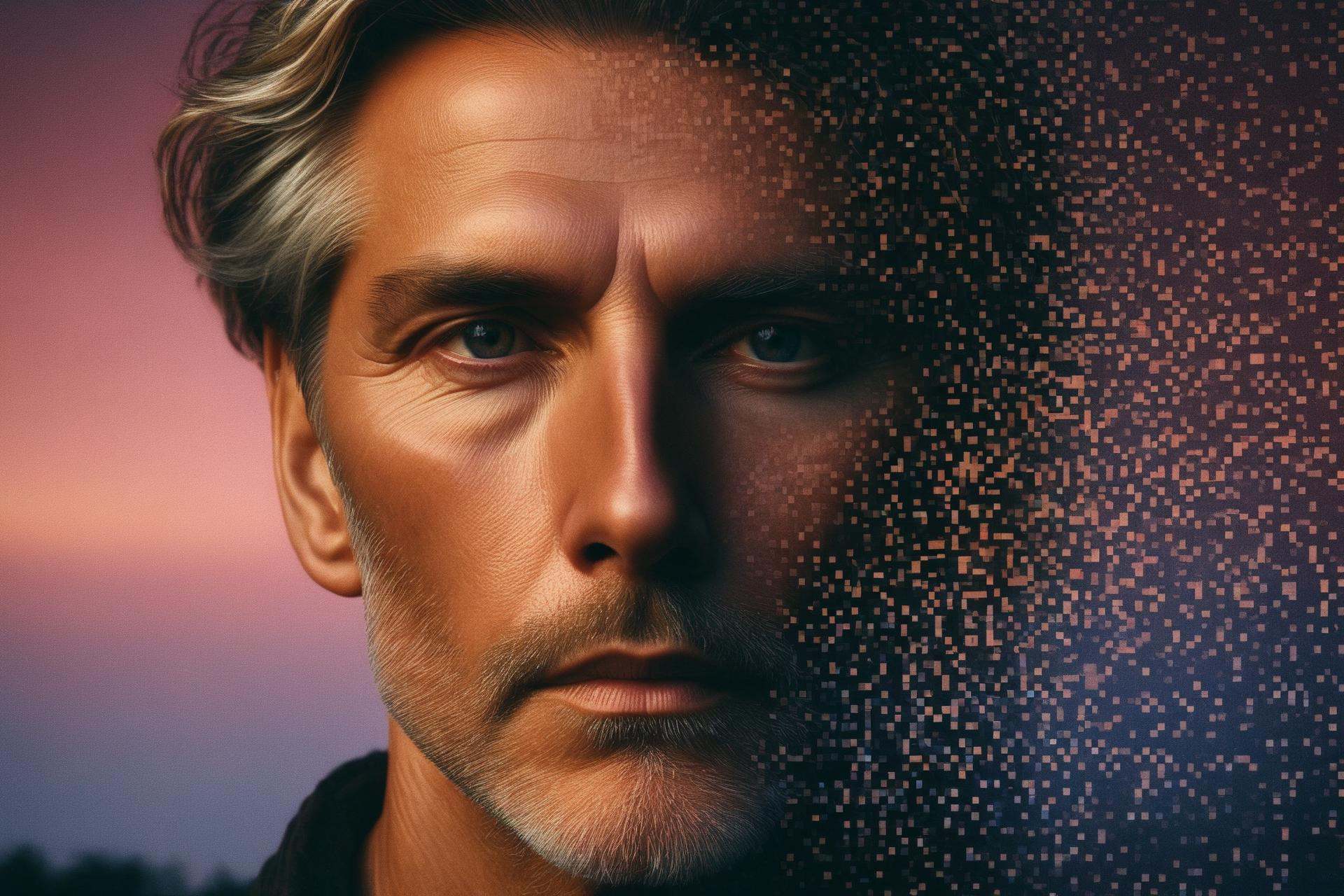 a color 35mm glamour close-up portrait photograph of a melancholic norwegian middle-aged person dissolving into pixels. st...