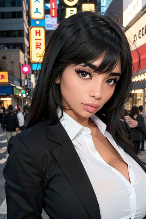 a woman posing on the street corner with black blazer on and white shirt on,  best quality,  1girl on Tensor.Art