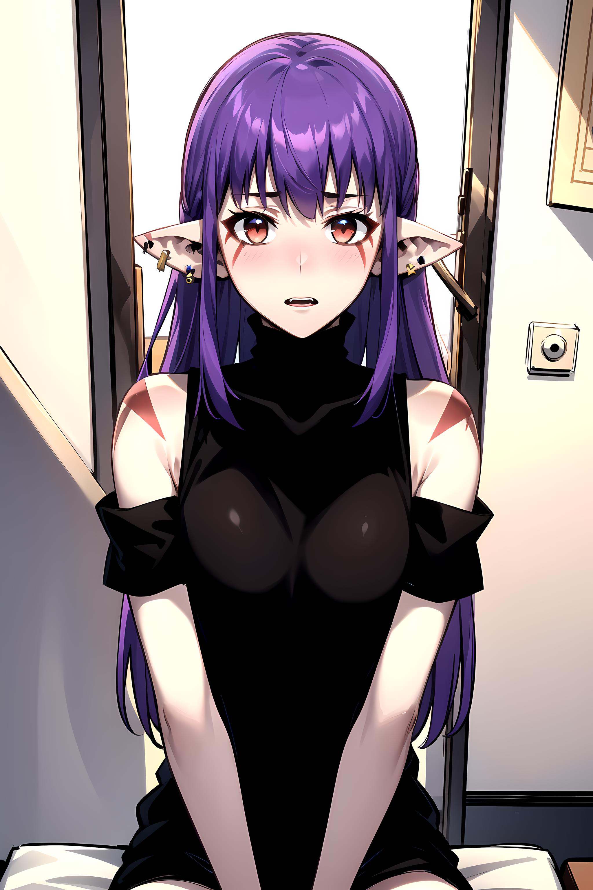 best quality, (masterpiece:1.2), detailed, <lora:chara_SoloLeveling_EsilRadiru:0.8>, esil radiru,solo, surprised, light blush,purple hair, long hair, red eyes, pointy ears, facial mark, earrings,black shirt, **** top, collarbone, bare shoulders, detached sleeves, short sleeves,sitting, looking at the viewer, upper body,indoors