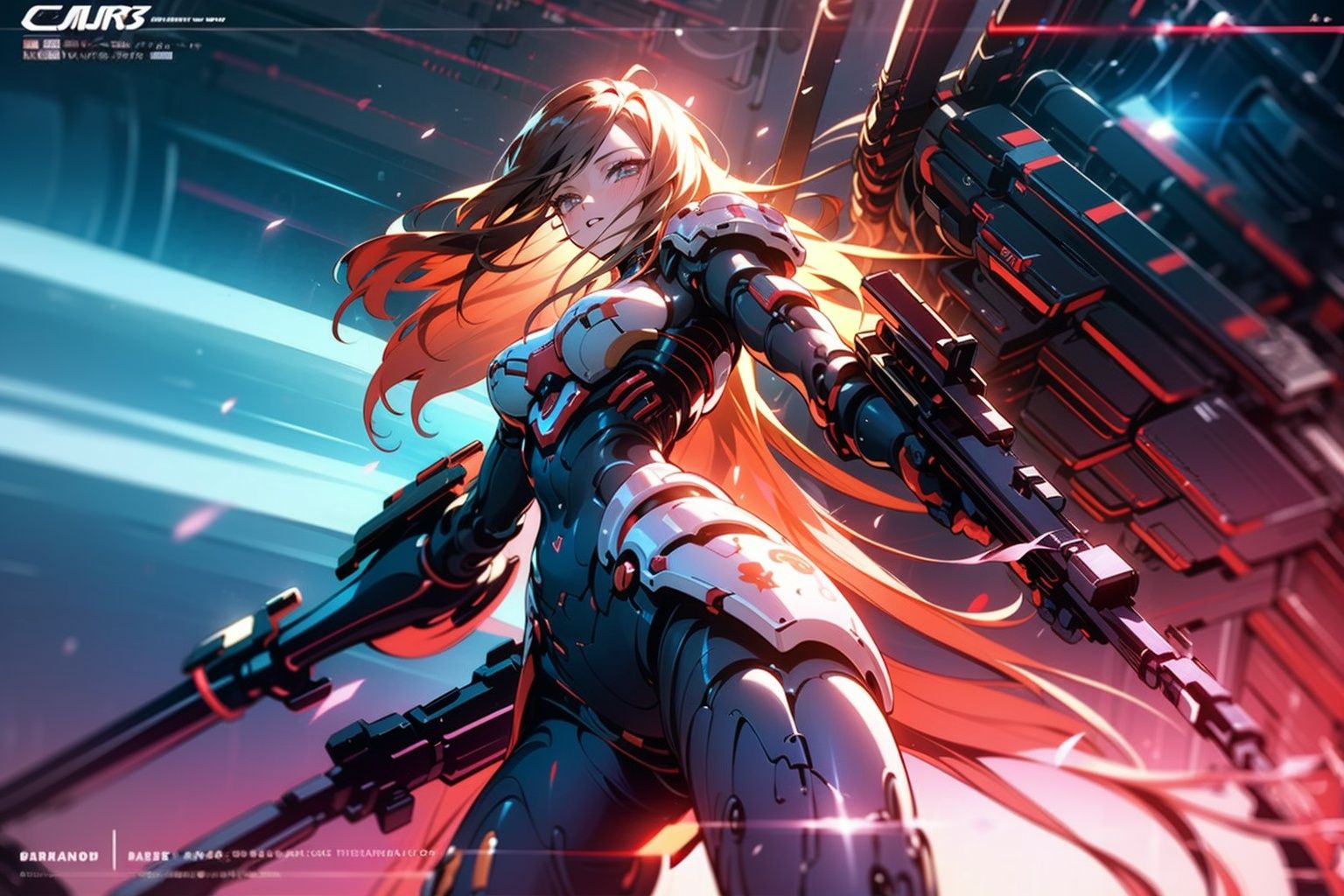 1girl, parted lips, hair blowing in wind, open hand, machinery, Mecha, science fiction, machinery armor, Metallic luster, electroplated, clothes sign, Mars, spaceship, floating cannon, hexagon, (from below:1.2), glow, backlighting, (background blur:1.2), cinematic lighting, Low illumination, VHS-style, (masterpiece:1.3), (best quality:1.1), intricate detailed, (Hyperrealistic:1.1), (realistic details:1.1), highly detailed, (the text on the cover should be bold and attention-grabbing, with the title of the magazine and a catchy headline:1.4), , ,Super perspective,wide shot