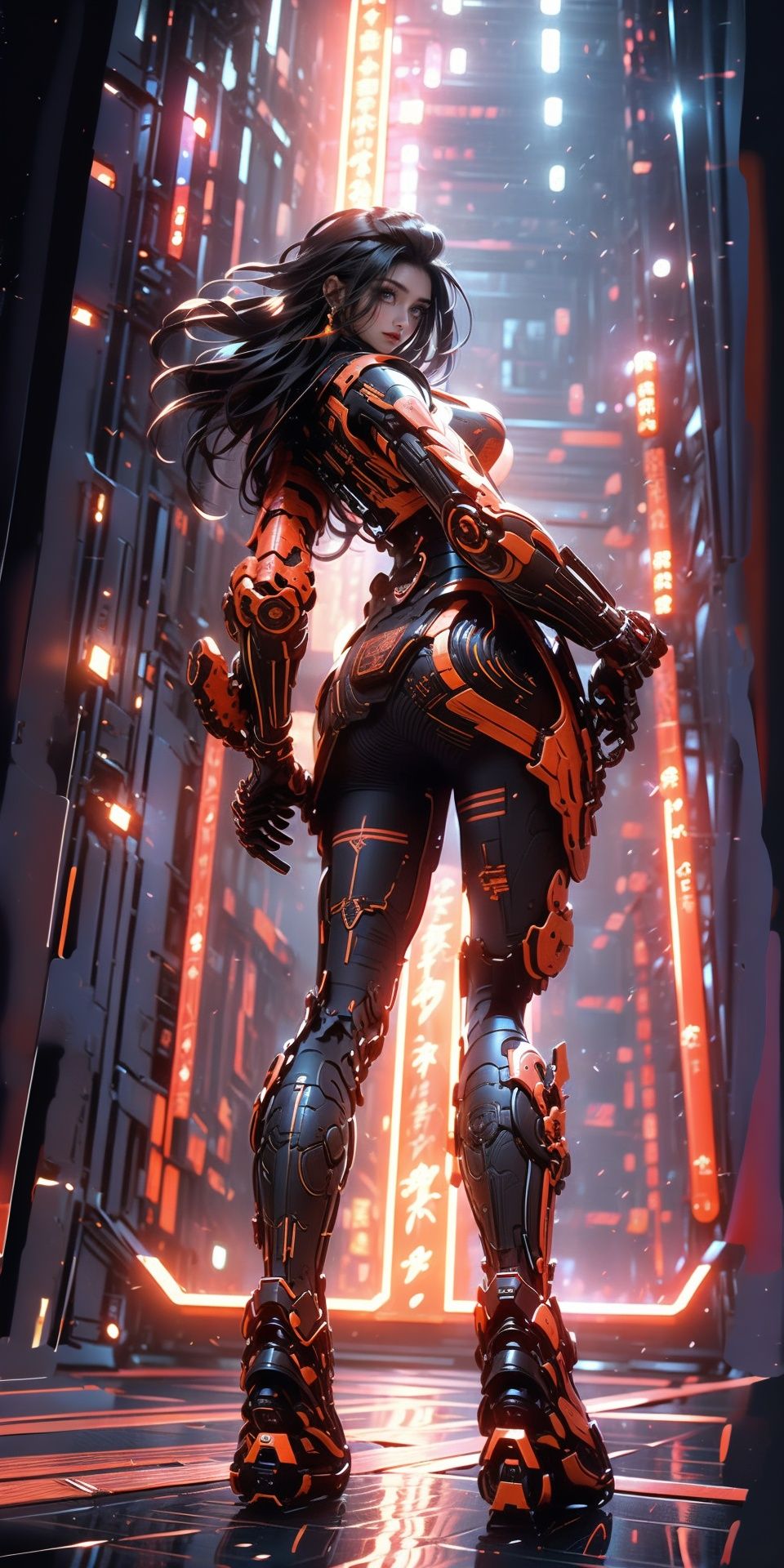 1girl, parted lips, hair blowing in wind, open hand, machinery, Mecha, science fiction, machinery armor, Metallic luster, electroplated, clothes sign, Mars, spaceship, floating cannon, hexagon, (from below:1.2), glow, backlighting, (background blur:1.2), cinematic lighting, Low illumination, VHS-style, (masterpiece:1.3), (best quality:1.1), intricate detailed, (Hyperrealistic:1.1), (realistic details:1.1), highly detailed, (the text on the cover should be bold and attention-grabbing, with the title of the magazine and a catchy headline:1.4), , ,Super perspective,wide shot. Dynamic pose, fighting_stance.,wide shot,foreshorten