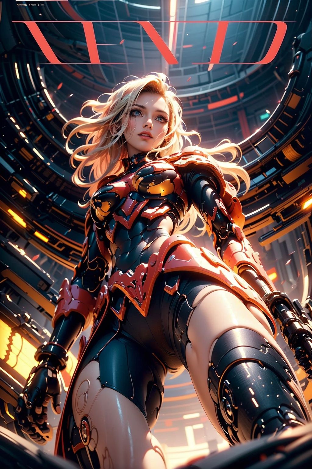 1girl, parted lips, hair blowing in wind, open hand, machinery, Mecha, science fiction, machinery armor, Metallic luster, electroplated, clothes sign, Mars, spaceship, floating cannon, hexagon, (from below:1.2), glow, backlighting, (background blur:1.2), cinematic lighting, Low illumination, VHS-style, (masterpiece:1.3), (best quality:1.1), intricate detailed, (Hyperrealistic:1.1), (realistic details:1.1), highly detailed, (the text on the cover should be bold and attention-grabbing, with the title of the magazine and a catchy headline:1.4), , ,Super perspective