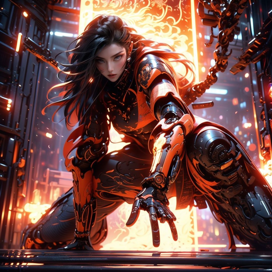 1girl, parted lips, hair blowing in wind, open hand, machinery, Mecha, science fiction, machinery armor, Metallic luster, electroplated, clothes sign, Mars, spaceship, floating cannon, hexagon, (from below:1.2), glow, backlighting, (background blur:1.2), cinematic lighting, Low illumination, VHS-style, (masterpiece:1.3), (best quality:1.1), intricate detailed, (Hyperrealistic:1.1), (realistic details:1.1), highly detailed, (the text on the cover should be bold and attention-grabbing, with the title of the magazine and a catchy headline:1.4), , ,Super perspective,wide shot. Dynamic pose, fighting_stance.,wide shot