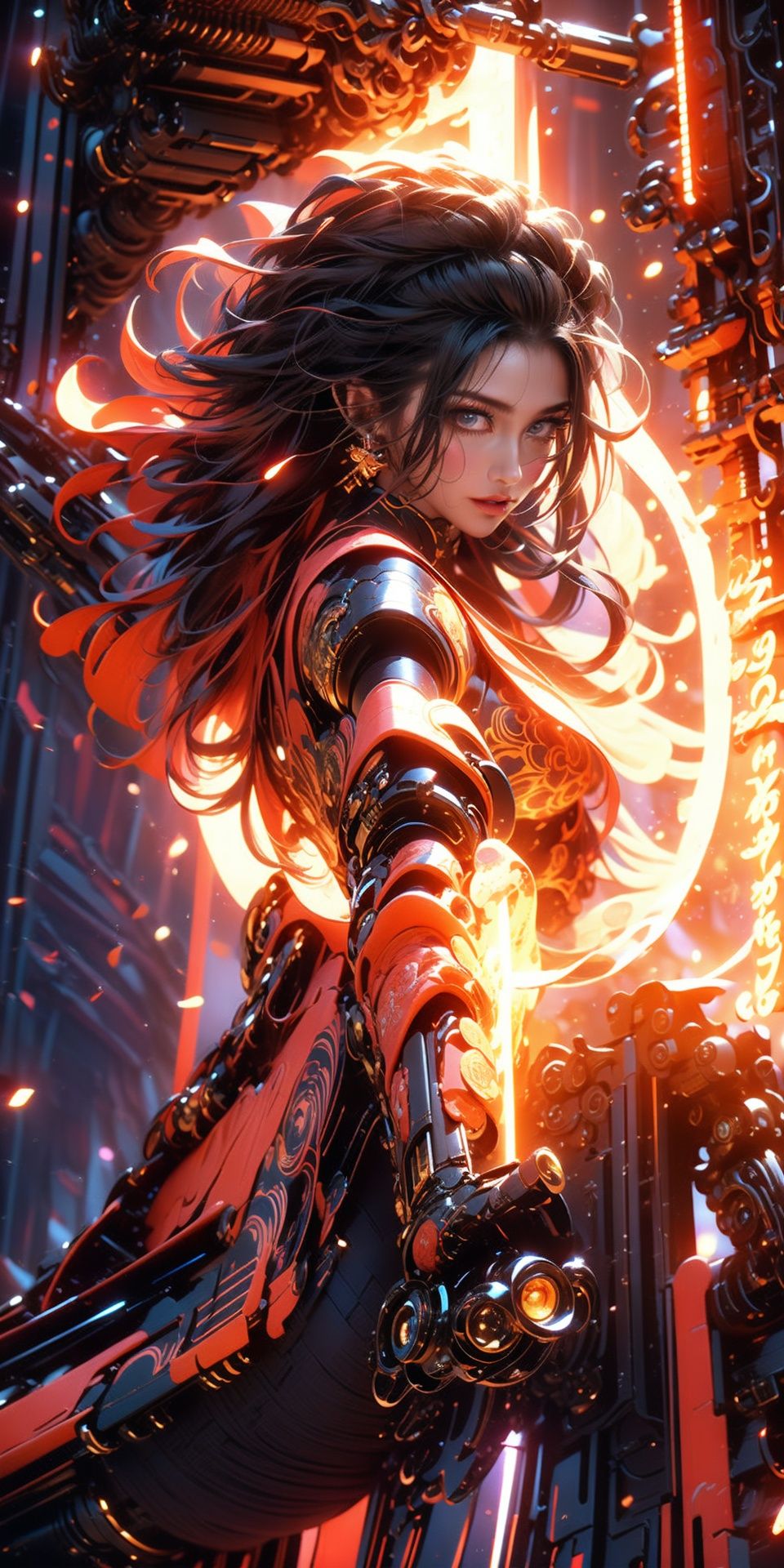 1girl, parted lips, hair blowing in wind, open hand, machinery, Mecha, science fiction, machinery armor, Metallic luster, electroplated, clothes sign, Mars, spaceship, floating cannon, hexagon, (from below:1.2), glow, backlighting, (background blur:1.2), cinematic lighting, Low illumination, VHS-style, (masterpiece:1.3), (best quality:1.1), intricate detailed, (Hyperrealistic:1.1), (realistic details:1.1), highly detailed, (the text on the cover should be bold and attention-grabbing, with the title of the magazine and a catchy headline:1.4), , ,Super perspective,wide shot. Dynamic pose, fighting_stance.,wide shot,foreshorten