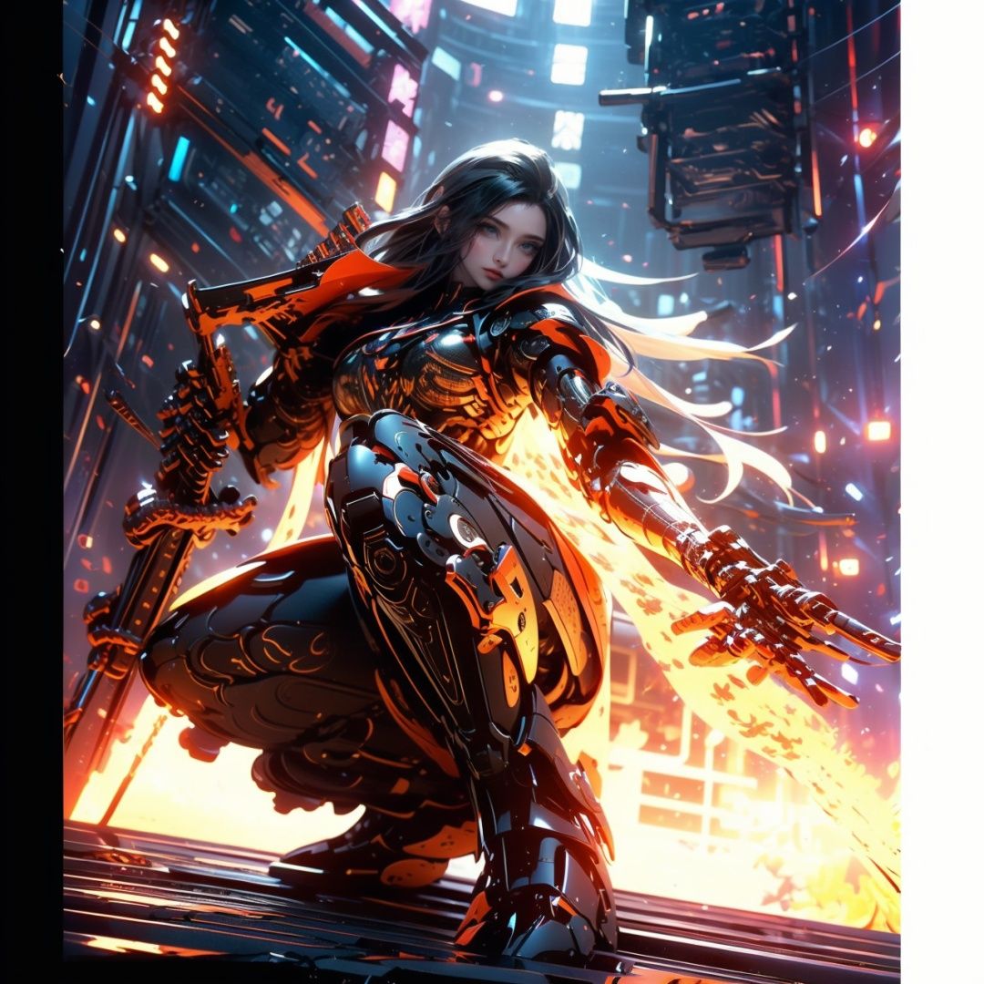 1girl, parted lips, hair blowing in wind, open hand, machinery, Mecha, science fiction, machinery armor, Metallic luster, electroplated, clothes sign, Mars, spaceship, floating cannon, hexagon, (from below:1.2), glow, backlighting, (background blur:1.2), cinematic lighting, Low illumination, VHS-style, (masterpiece:1.3), (best quality:1.1), intricate detailed, (Hyperrealistic:1.1), (realistic details:1.1), highly detailed, (the text on the cover should be bold and attention-grabbing, with the title of the magazine and a catchy headline:1.4), , ,Super perspective,wide shot. Dynamic pose, fighting_stance.,wide shot