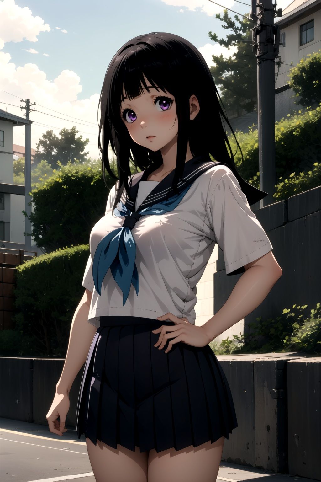 masterpiece,best quality,extremely detailed 8K wallpaper,1girl,purple eyes,Chitanda Eru,serafuku,pleated skirt,looking at viewer,standing,outdoors,upper body,closed mouth,