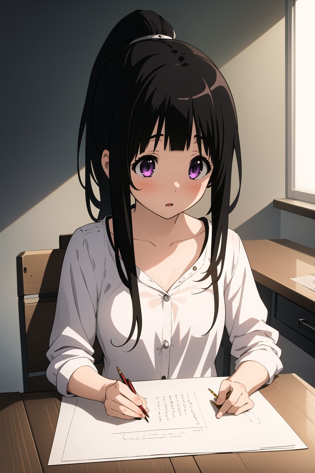 masterpiece,best quality,extremely detailed 8K wallpaper,1girl,chitanda eru,purple eyes,bangs,ponytail,sitting,writing,desk,pencil,