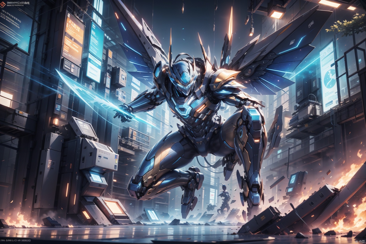  A blue mecha, glowing blue eyes, blue pistol, galaxy, mechanical sense of refinement, details, mecha wings, elegance, blue mecha, glowing blue eyes, land, mechanical sense of refinement, details, Mecha wings, elegant, trees, hands and feet, angular, sharp edges, huge, strong wind, hazy, mecha eyes glowing blue, blue mecha, glowing blue eyes, sky, mechanical and delicate, 8k portrait of beautiful, intricate, elegant, highly detailed, majestic, digital photography, art by artgerm and ruan jia and greg rutkowski, (masterpiece, sidelighting, finely detailed beautiful eyes: 1.2), hdr, detailed background