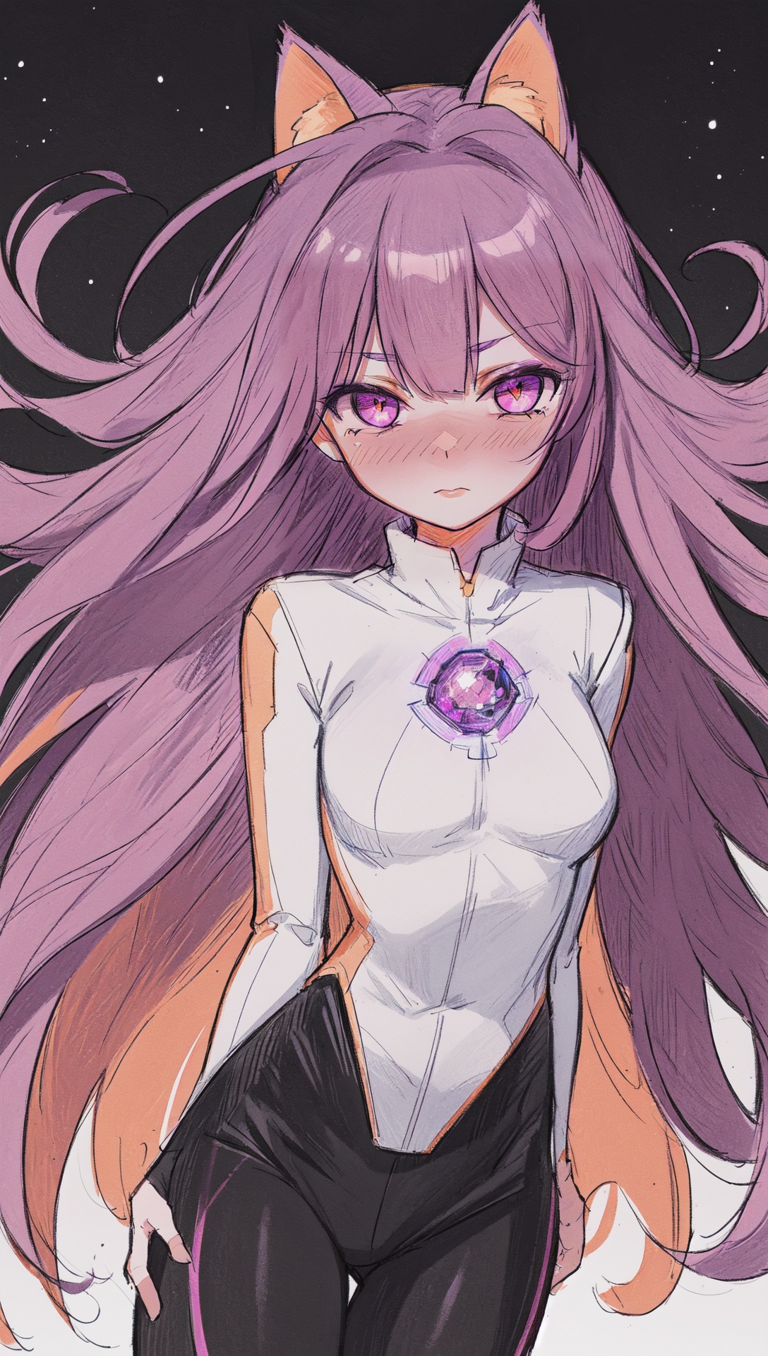 1girl solo magenta eyes purple hair long hair colored inner hair white top black legwear space mechanical parts exceptiona...