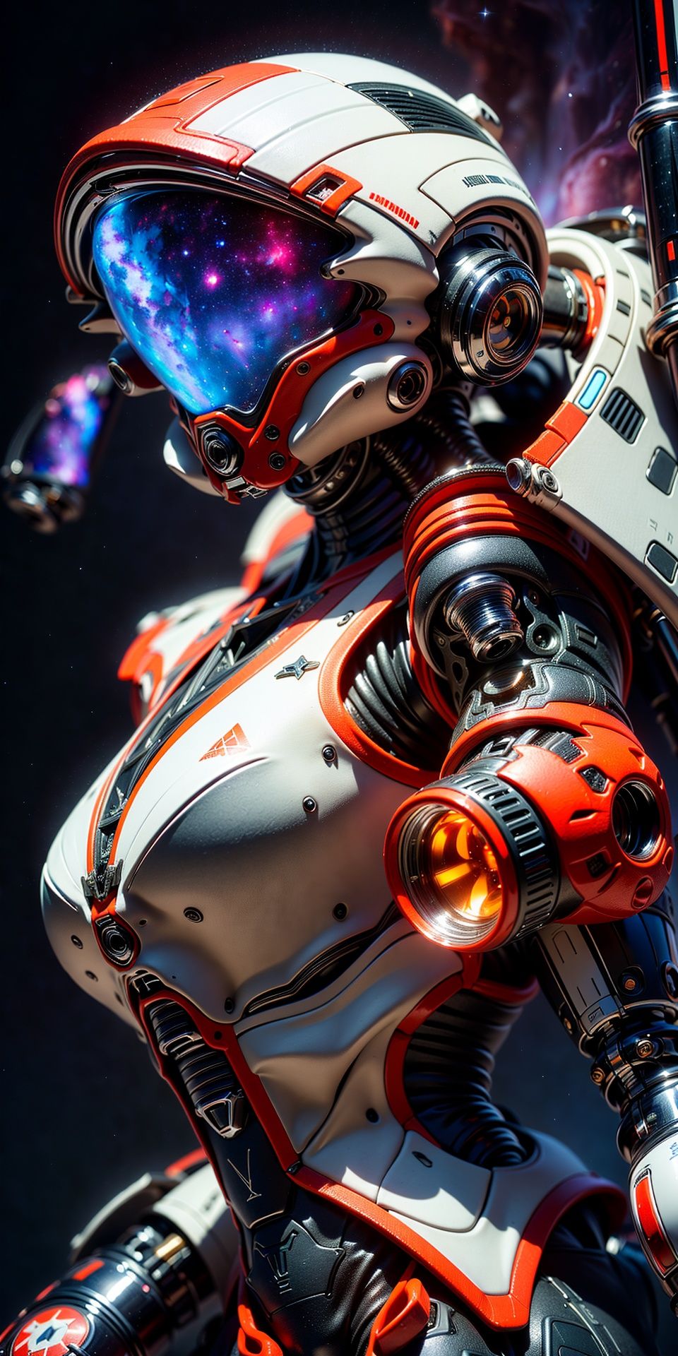 (((upper body shot))), ((best quality)), ((masterpiece:1.4)), (extremely detailed), (8k, high quality, cinematic, hyperrealistic, illustration, absurdres, octane render, fantastic realism, vibrant color, high detail, rich textures, accurate anatom, natural form, symmetrical, flawless, high-resolution, depth-filled, polished, consistent style, innovative design, perfect proportions, properly aligned features, precise, harmonious colors, soft lighting, creative, fluid movement, intricately detailed, dynamic perspective, balanced composition, 3-dimensional, natural posing, high contrast), ((((Full-body, white armor, red panels, hyper-detailed blueprint of a Galactic Gladiator Mech. Its monumental, chrome silhouette radiating in the brilliant, relentless starlight, its casing shimmering with the sleek reflectivity of polished metal. Clusters of its comet-white circuits, intertwined with glimmering power threads woven from stellar dust, trail around its muscular form, sparkling in the eternal cosmos. Its visor slits, resembling twin burning stars, reflect the tranquility of the interstellar void with their unwavering, burning gaze. Donned in dense, ((nebula-red:1.4)), engraved with stellar constellations and laced with silver wiring, it clenches a complex photon sword, its blade thrumming with radiant gamma energy, charging a daunting, star-searing strike. Heavy, celestial-engraved mech boots resonate with a deep thrum on the star-forged platform. It stands at the precipice of a space station, surveilling a vast galactic arena, the harsh brilliance of countless stars reflecting off its armor, painting a fearsome tableau in shades of iron and crimson)))), (cinematic lighting, rim light, key light, fill light, backlight, ambient light, hair light, accent light, three-point lighting, volumetric light), (zoom out:1.3, depth of field, f/4 aperture, wide-angle lens, HDR, golden ratio, leading lines, framing, prime lens, color grading),  , , mecha, scifi, armor, 3d model, robotic soldier, brutal armor, heavy metal design, closed helmet), (subdivision, cyber muscle, angular design, mechanical, carbon-fiber, high-tech, pistons, robotic frame, metal joints, rubber cables), (scifi, hard surface, armor, metal bolts, robotic, industrial, structures, sub-d),  (bloom, rim lighting, studio lighting, soft lighting, low key), ,  robort,