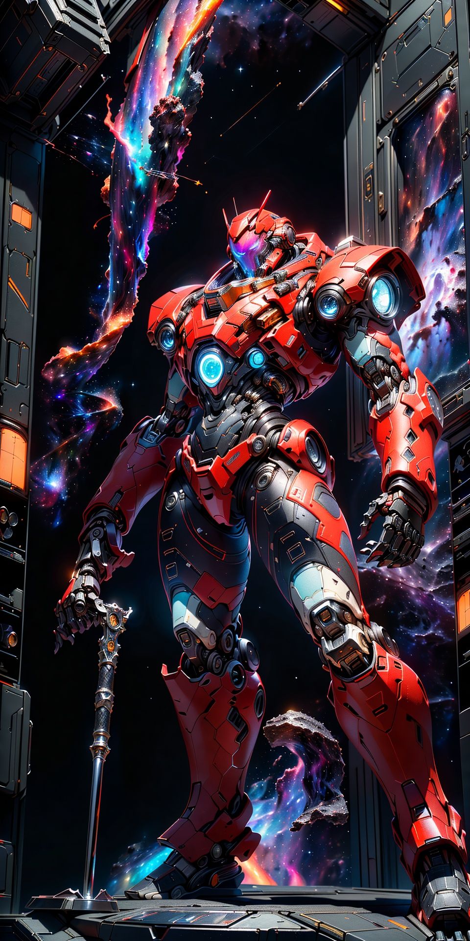 (((upper body shot))), ((best quality)), ((masterpiece:1.4)), (extremely detailed), (8k, high quality, cinematic, hyperrealistic, illustration, absurdres, octane render, fantastic realism, vibrant color, high detail, rich textures, accurate anatom, natural form, symmetrical, flawless, high-resolution, depth-filled, polished, consistent style, innovative design, perfect proportions, properly aligned features, precise, harmonious colors, soft lighting, creative, fluid movement, intricately detailed, dynamic perspective, balanced composition, 3-dimensional, natural posing, high contrast), ((((Full-body, white armor, red panels, hyper-detailed blueprint of a Galactic Gladiator Mech. Its monumental, chrome silhouette radiating in the brilliant, relentless starlight, its casing shimmering with the sleek reflectivity of polished metal. Clusters of its comet-white circuits, intertwined with glimmering power threads woven from stellar dust, trail around its muscular form, sparkling in the eternal cosmos. Its visor slits, resembling twin burning stars, reflect the tranquility of the interstellar void with their unwavering, burning gaze. Donned in dense, ((nebula-red:1.4)), engraved with stellar constellations and laced with silver wiring, it clenches a complex photon sword, its blade thrumming with radiant gamma energy, charging a daunting, star-searing strike. Heavy, celestial-engraved mech boots resonate with a deep thrum on the star-forged platform. It stands at the precipice of a space station, surveilling a vast galactic arena, the harsh brilliance of countless stars reflecting off its armor, painting a fearsome tableau in shades of iron and crimson)))), (cinematic lighting, rim light, key light, fill light, backlight, ambient light, hair light, accent light, three-point lighting, volumetric light), (zoom out:1.3, depth of field, f/4 aperture, wide-angle lens, HDR, golden ratio, leading lines, framing, prime lens, color grading),  , , mecha, scifi, armor, 3d model, robotic soldier, brutal armor, heavy metal design, closed helmet), (subdivision, cyber muscle, angular design, mechanical, carbon-fiber, high-tech, pistons, robotic frame, metal joints, rubber cables), (scifi, hard surface, armor, metal bolts, robotic, industrial, structures, sub-d),  (bloom, rim lighting, studio lighting, soft lighting, low key), ,  robort,