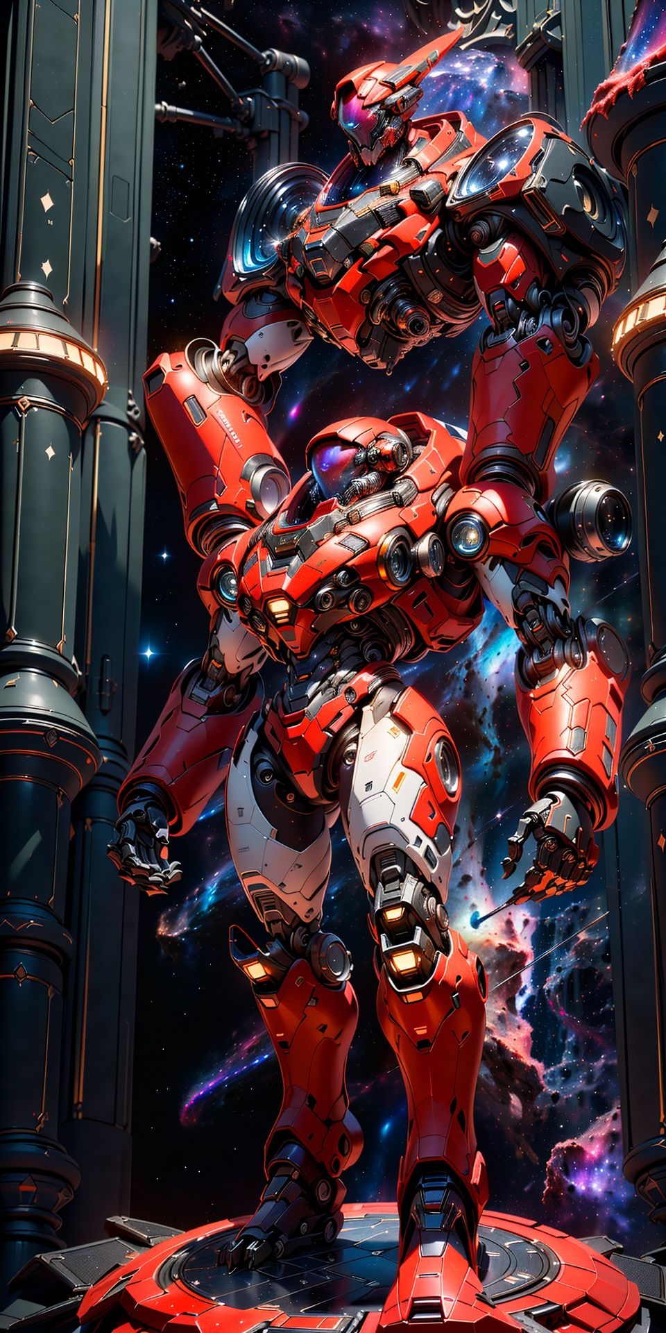 (((upper body shot))), ((best quality)), ((masterpiece:1.4)), (extremely detailed), (8k, high quality, cinematic, hyperrealistic, illustration, absurdres, octane render, fantastic realism, vibrant color, high detail, rich textures, accurate anatom, natural form, symmetrical, flawless, high-resolution, depth-filled, polished, consistent style, innovative design, perfect proportions, properly aligned features, precise, harmonious colors, soft lighting, creative, fluid movement, intricately detailed, dynamic perspective, balanced composition, 3-dimensional, natural posing, high contrast), ((((Full-body, white armor, red panels, hyper-detailed blueprint of a Galactic Gladiator Mech. Its monumental, chrome silhouette radiating in the brilliant, relentless starlight, its casing shimmering with the sleek reflectivity of polished metal. Clusters of its comet-white circuits, intertwined with glimmering power threads woven from stellar dust, trail around its muscular form, sparkling in the eternal cosmos. Its visor slits, resembling twin burning stars, reflect the tranquility of the interstellar void with their unwavering, burning gaze. Donned in dense, ((nebula-red:1.4)), engraved with stellar constellations and laced with silver wiring, it clenches a complex photon sword, its blade thrumming with radiant gamma energy, charging a daunting, star-searing strike. Heavy, celestial-engraved mech boots resonate with a deep thrum on the star-forged platform. It stands at the precipice of a space station, surveilling a vast galactic arena, the harsh brilliance of countless stars reflecting off its armor, painting a fearsome tableau in shades of iron and crimson)))), (cinematic lighting, rim light, key light, fill light, backlight, ambient light, hair light, accent light, three-point lighting, volumetric light), (zoom out:1.3, depth of field, f/4 aperture, wide-angle lens, HDR, golden ratio, leading lines, framing, prime lens, color grading),  , , mecha, scifi, armor, 3d model, robotic soldier, brutal armor, heavy metal design, closed helmet), (subdivision, cyber muscle, angular design, mechanical, carbon-fiber, high-tech, pistons, robotic frame, metal joints, rubber cables), (scifi, hard surface, armor, metal bolts, robotic, industrial, structures, sub-d),  (bloom, rim lighting, studio lighting, soft lighting, low key), ,  robort,