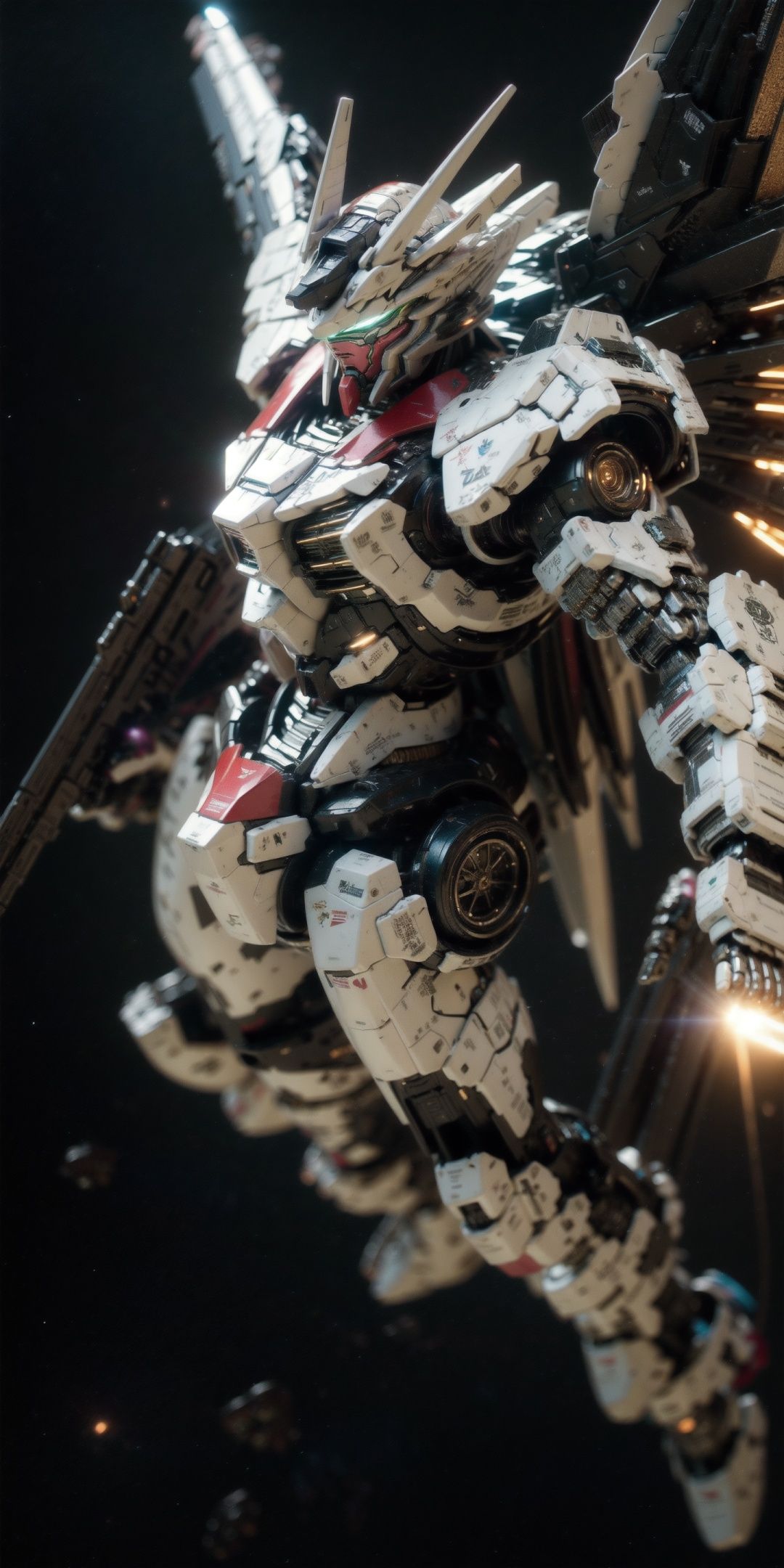 Unicorn_Gundam, solo, holding, green_eyes, weapon, wings, holding_weapon, gun, no_humans, glowing, robot, holding_gun, mecha, glowing_eyes, flying, science_fiction, mechanical_wings, v-fin, energy_gun, beam_rifle,
cinematic lighting,strong contrast,high level of detail,Best quality,masterpiece,. Extremely high-resolution details,photographic,realism pushed to extreme,fine texture,incredibly lifelike,Gundam,SRS,Mecha,war background. planets background.,Fire,Robotanimestyle
