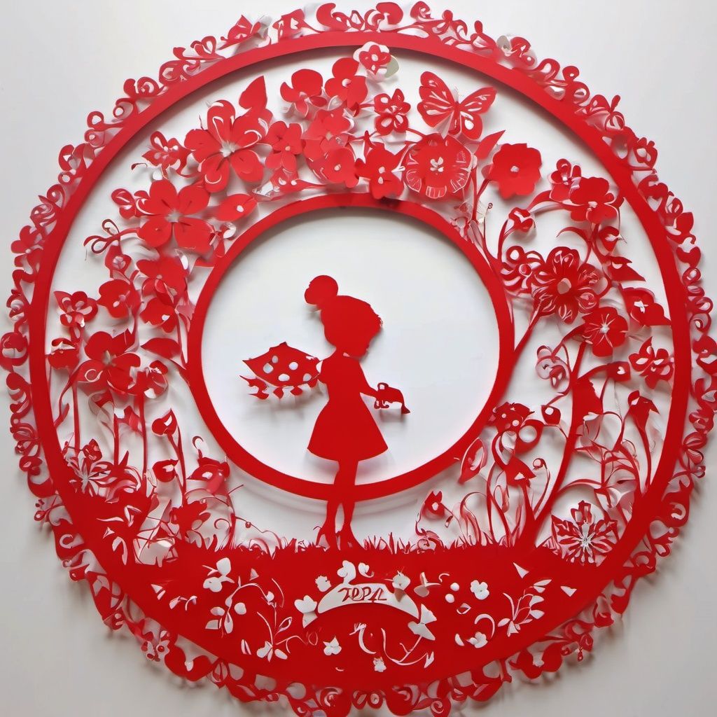 Paper cut art, inquire girl, red theme, flower, Round Border, holiday window flower, text "2024",paper-cut art, <lora:jianzhi1112a:1>, masterpiece, best quality,