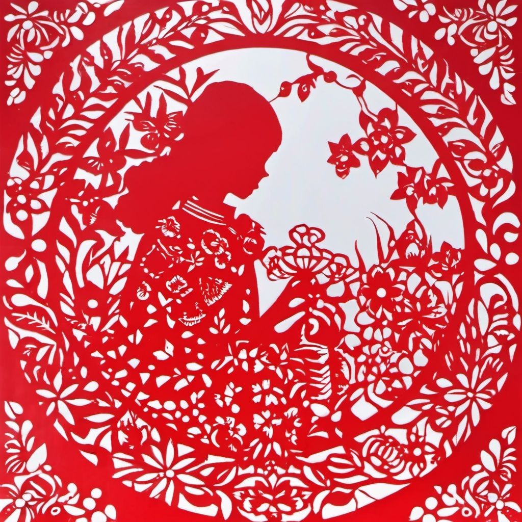 Paper cut art, inquire girl, red theme, flower, Round Border, holiday window flower, text "2024",paper-cut art, <lora:jianzhi1112a:1>, masterpiece, best quality,