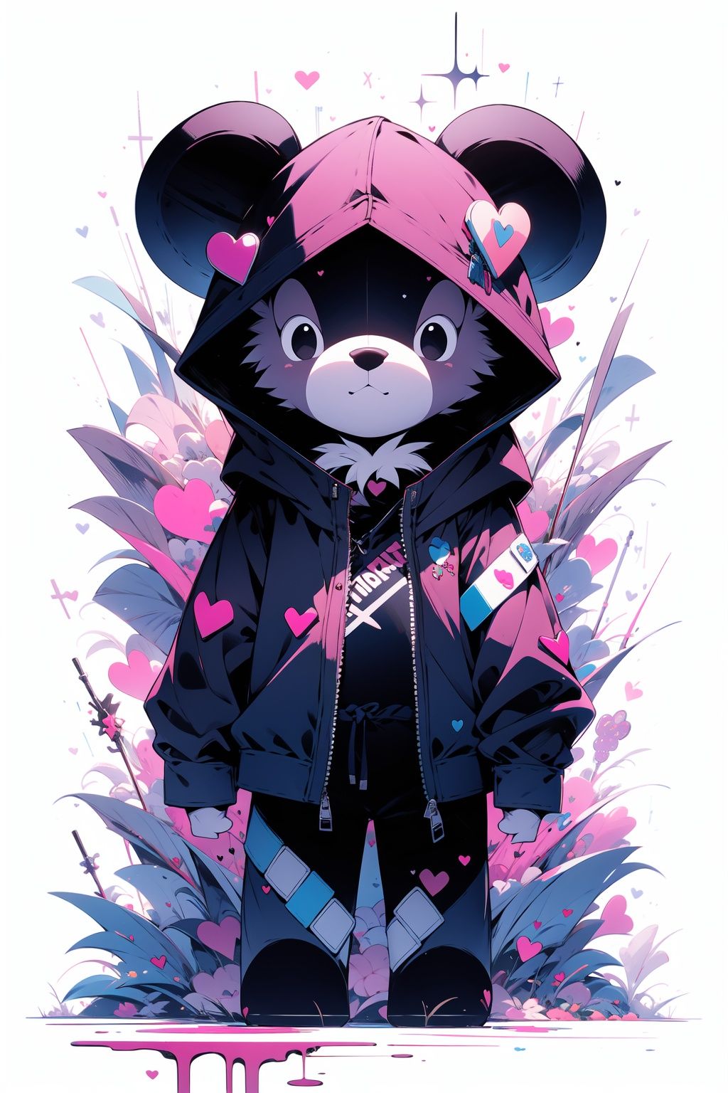 zzz,  solo,  no humans,  stuffed toy,  stuffed animal,  standing,  teddy bear,  hood,  white eyes,  full body,  stitches,  blood,  long sleeves,  heart,  bandaid,  english text,  looking at viewer,  x hair ornament,  hair ornament,  jacket,  animal ears,  hood up,  simple background,  food, <lora:EMS-84940-EMS:1.000000>