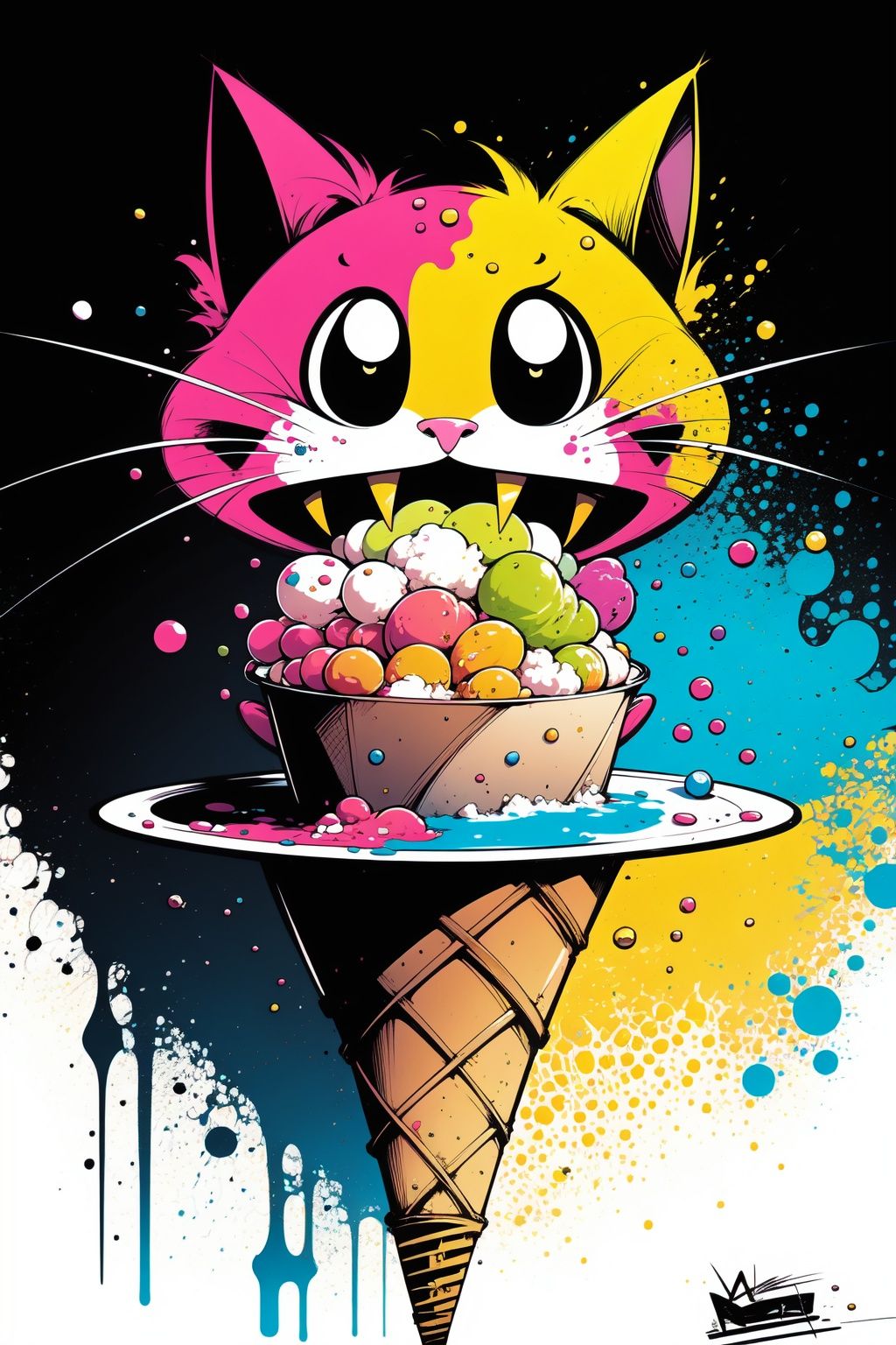 zzz,  food,  no humans,  open mouth,  teeth,  ice cream,  solo,  tongue,  cat,  ice cream cone,  paint splatter, <lora:EMS-84940-EMS:1.000000>