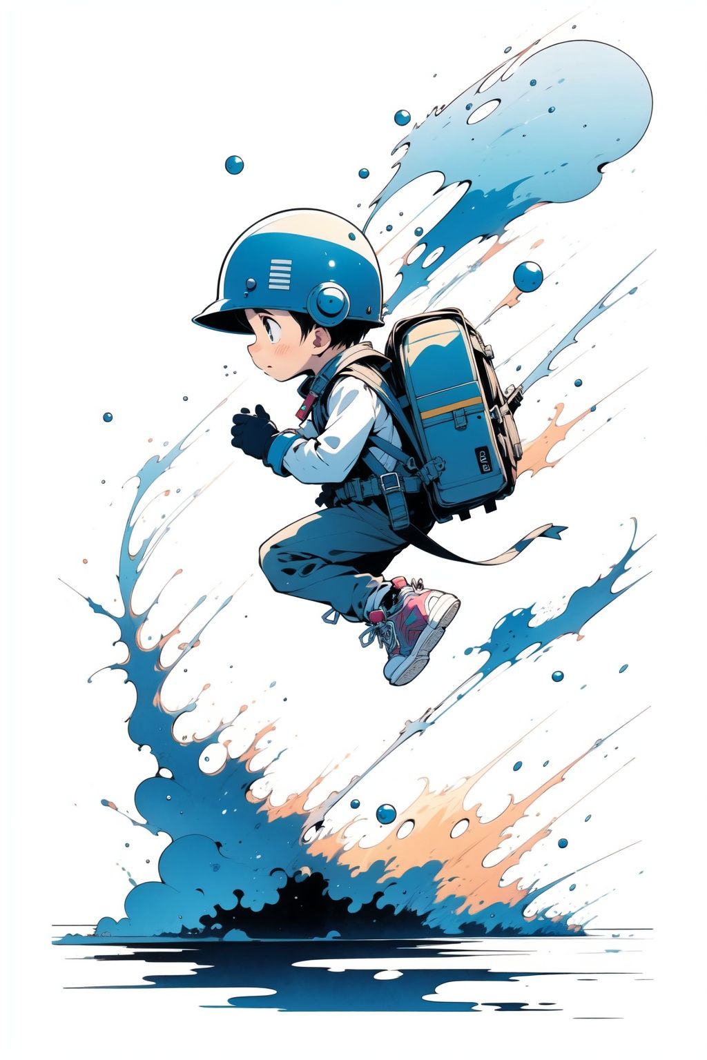 zzz,  solo,  helmet,  gloves,  shoes,  1boy,  1other,  traditional media,  male focus,  running,  backpack,  ambiguous gender,  sneakers,  white background,  from side,  simple background,  jetpack,  vest,  bag,  full body, <lora:EMS-84940-EMS:1.000000>