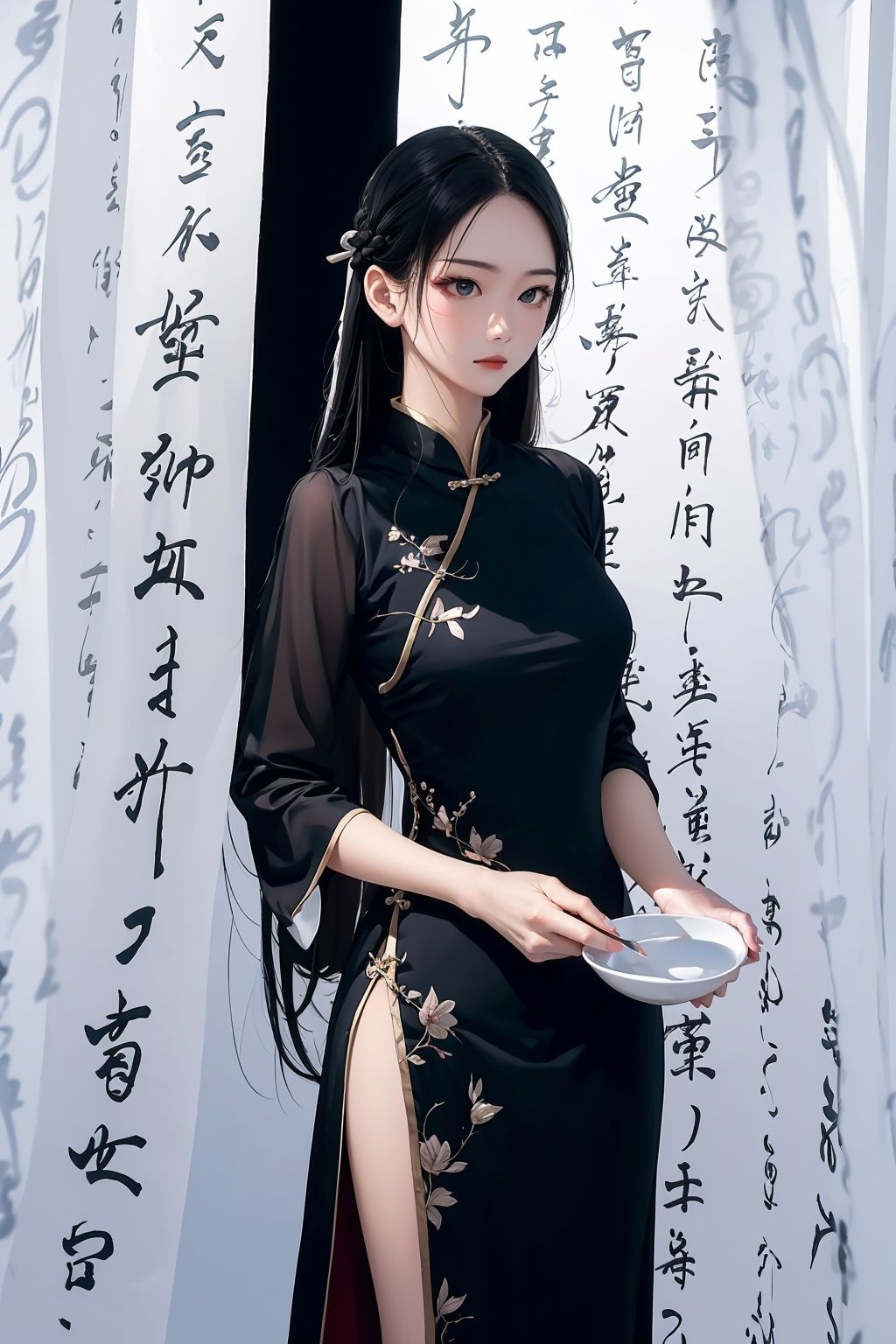 masterpiece,best quality,ultra high res,1girl,china dress,long hair,kanju shufa background,<lora:踏山听海鬼画符背景:0.8>,