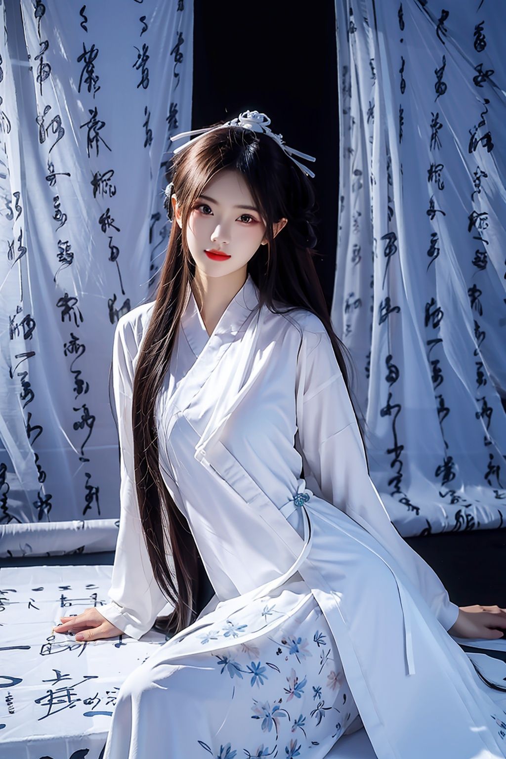 masterpiece,best quality,ultra high res,1girl,china dress,long hair,kanju shufa background,<lora:踏山听海鬼画符背景:0.8>,