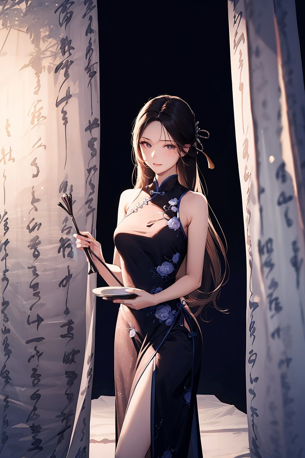 masterpiece,best quality,ultra high res,1girl,china dress,long hair,kanju shufa background,<lora:踏山听海鬼画符背景:0.8>,