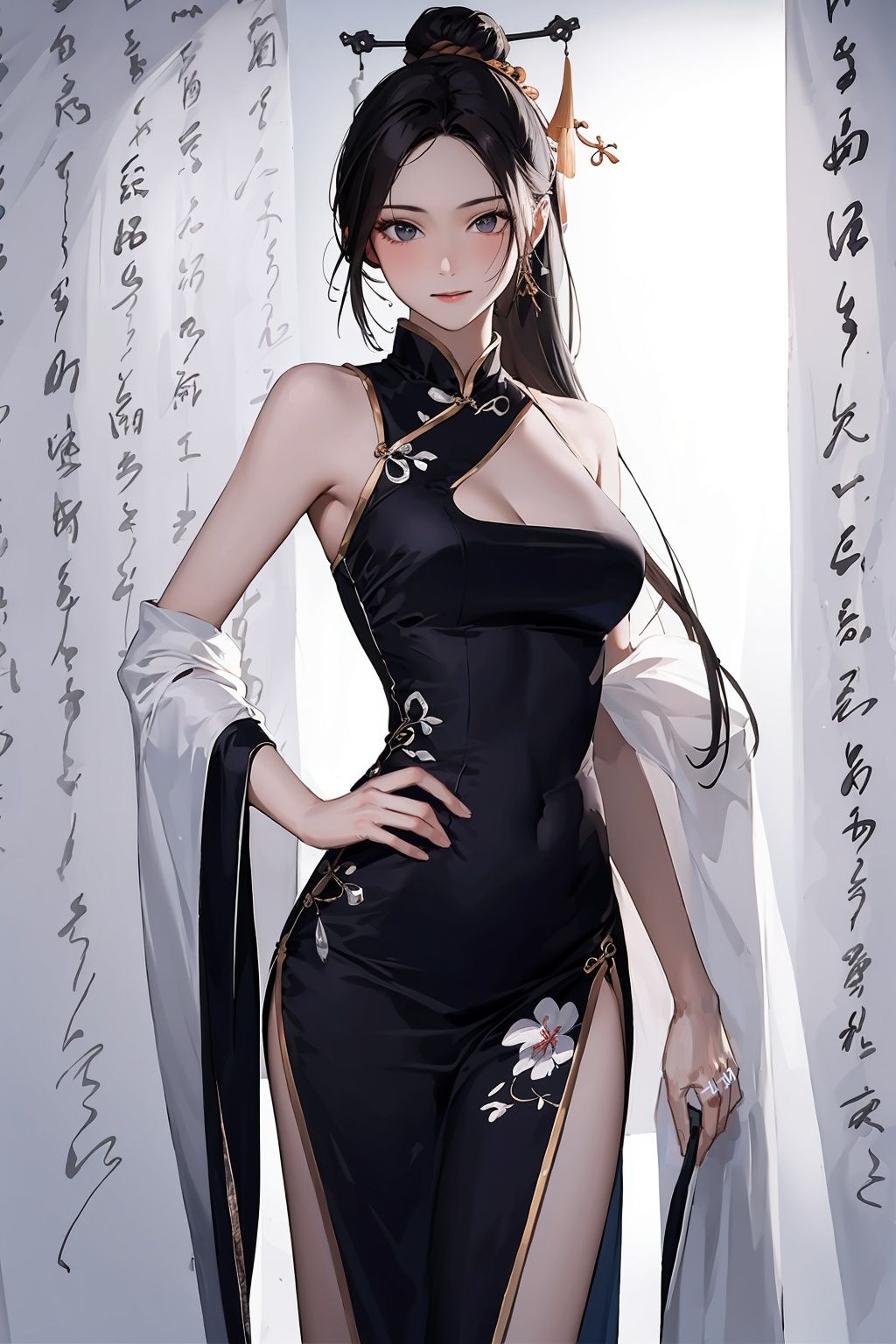 masterpiece,best quality,ultra high res,1girl,china dress,long hair,kanju shufa background,<lora:踏山听海鬼画符背景:0.8>,