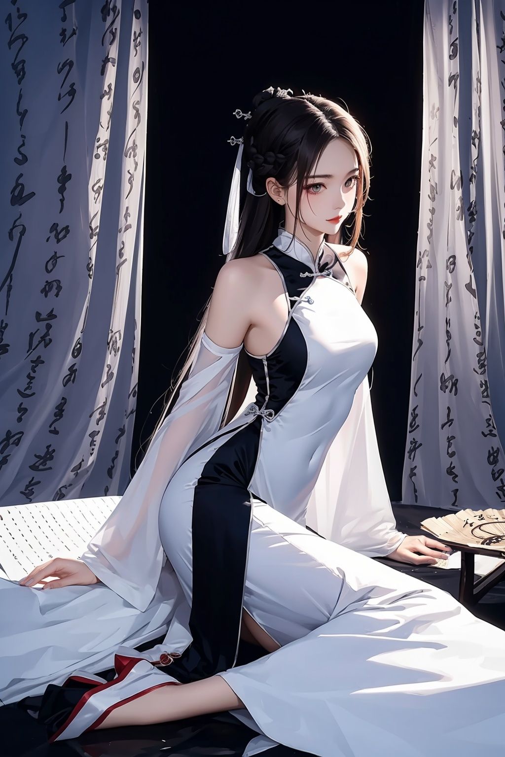 masterpiece,best quality,ultra high res,1girl,china dress,long hair,kanju shufa background,<lora:踏山听海鬼画符背景:0.8>,