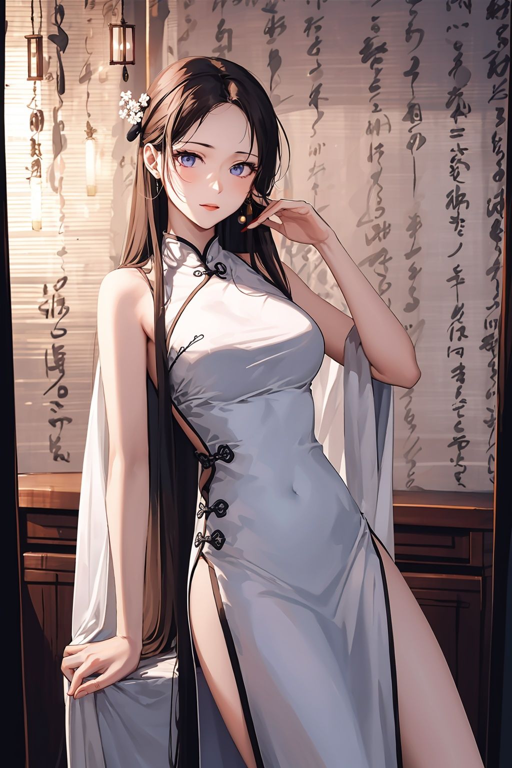 masterpiece,best quality,ultra high res,1girl,china dress,long hair,kanju shufa background,<lora:踏山听海鬼画符背景:0.8>,