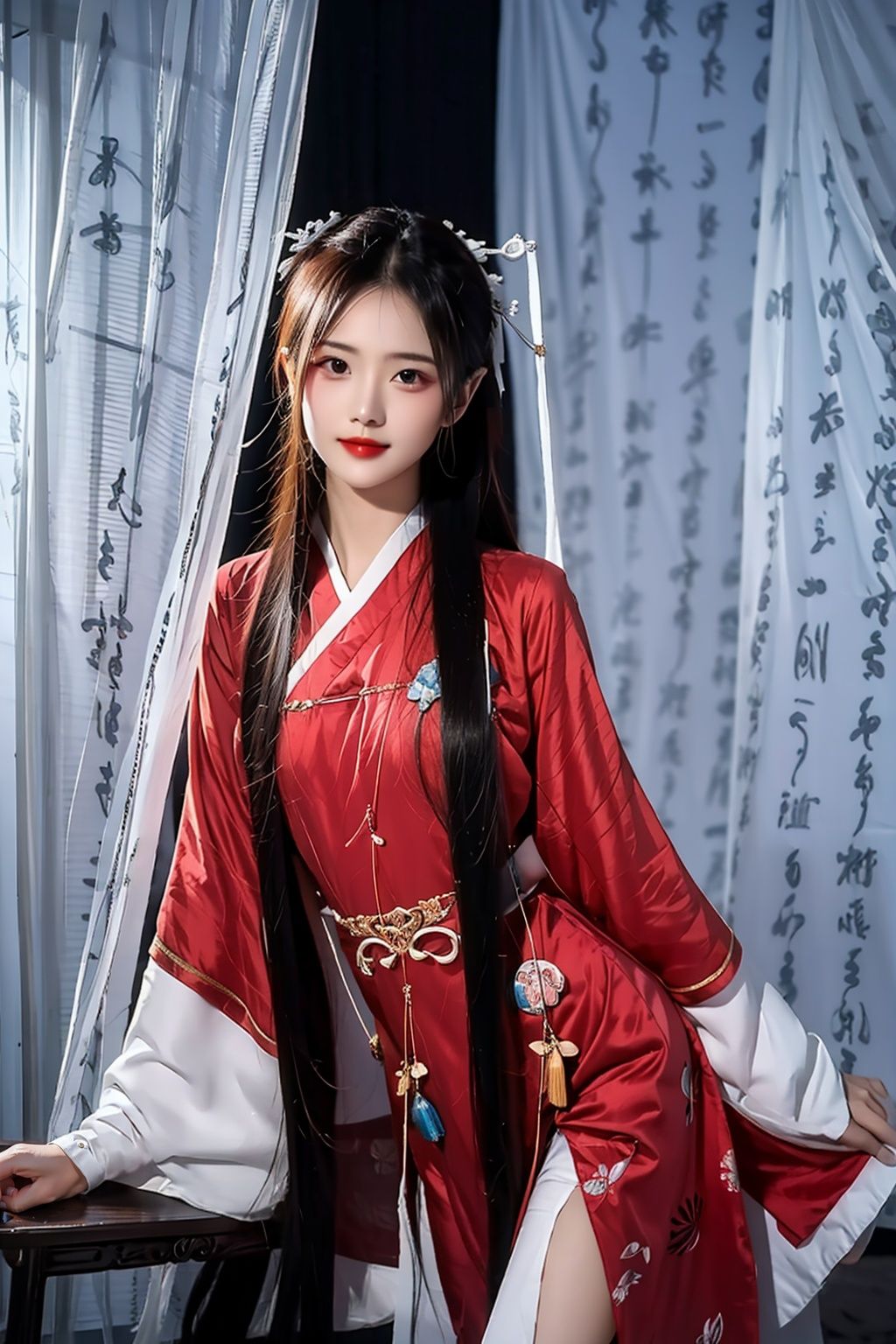 masterpiece,best quality,ultra high res,1girl,china dress,long hair,kanju shufa background,<lora:踏山听海鬼画符背景:0.8>,