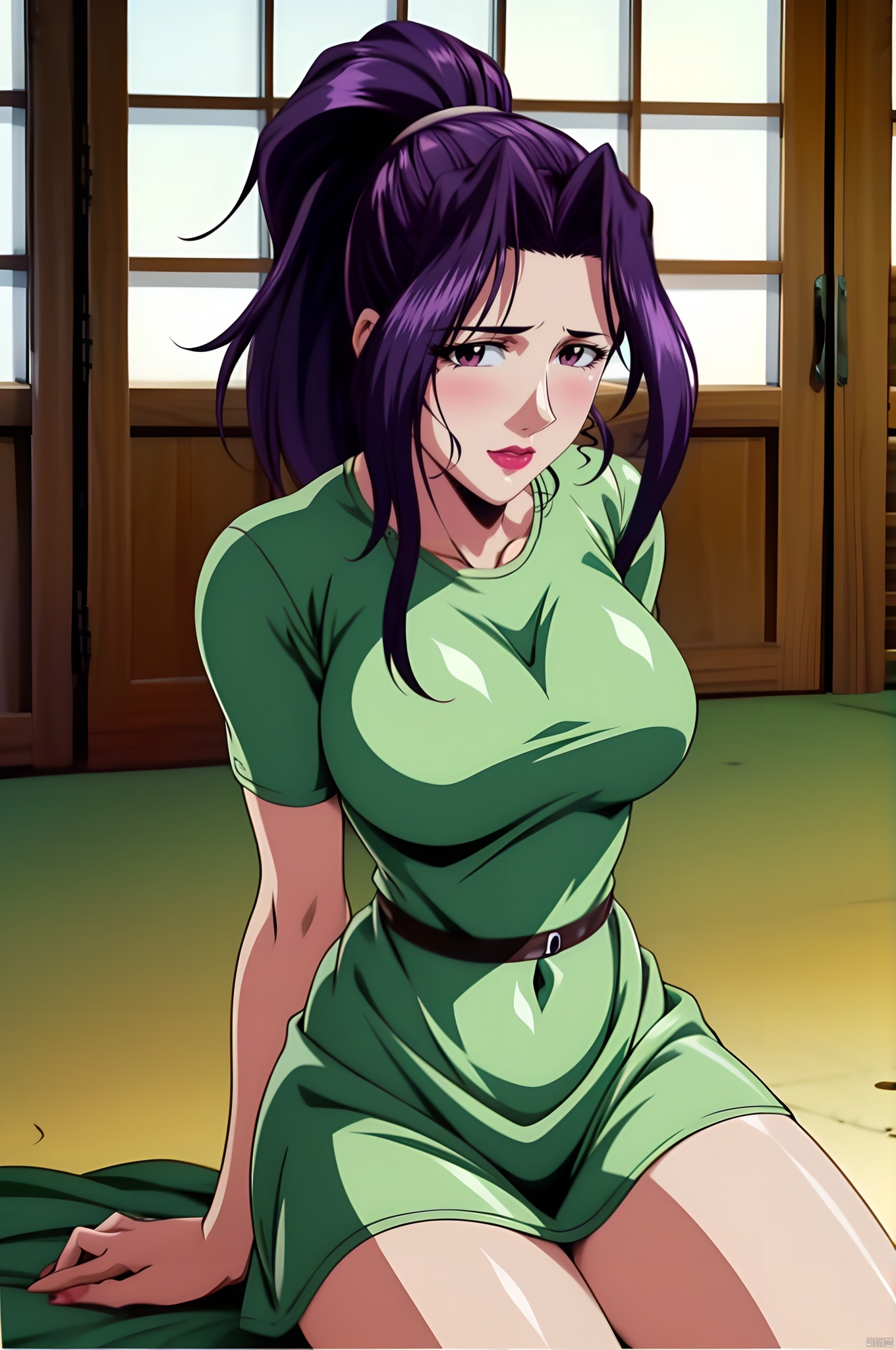 yuanshen,  1girl, green shirt,  solo,purple hair, long hair,  mature female,  lipstick, ponytail, perfect balance, looking at viewer, official art, extremely detailed CG unity 8k wallpaper, perfect lighting, Colorful, Bright_Front_face_Lighting, White skin, (masterpiece:1), (best_quality:1), ultra high res, 4K, ultra-detailed, photography, 8K, HDR, highres, absurdres:1.2, Kodak portra 400, film grain, blurry background, bokeh:1.2, lens flare, (vibrant_color:1.2), professional photograph, (narrow_waist), looking at viewer, dress, (cowboy_shot:1.5),(sitting:1.5),arms support,