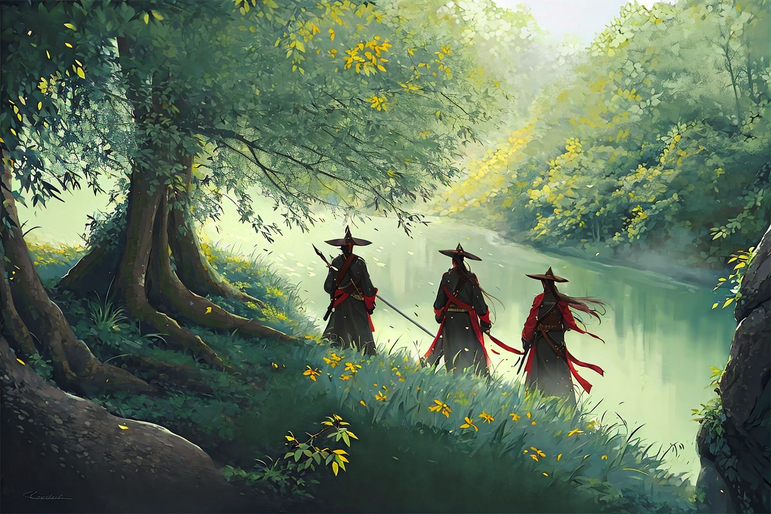 masterpiece,best quality,high detail,ultra high res,<lora:guof-v2.0:0.8>,guof, weapon, sword, holding weapon, holding, tree, holding sword, scenery, outdoors, long hair,