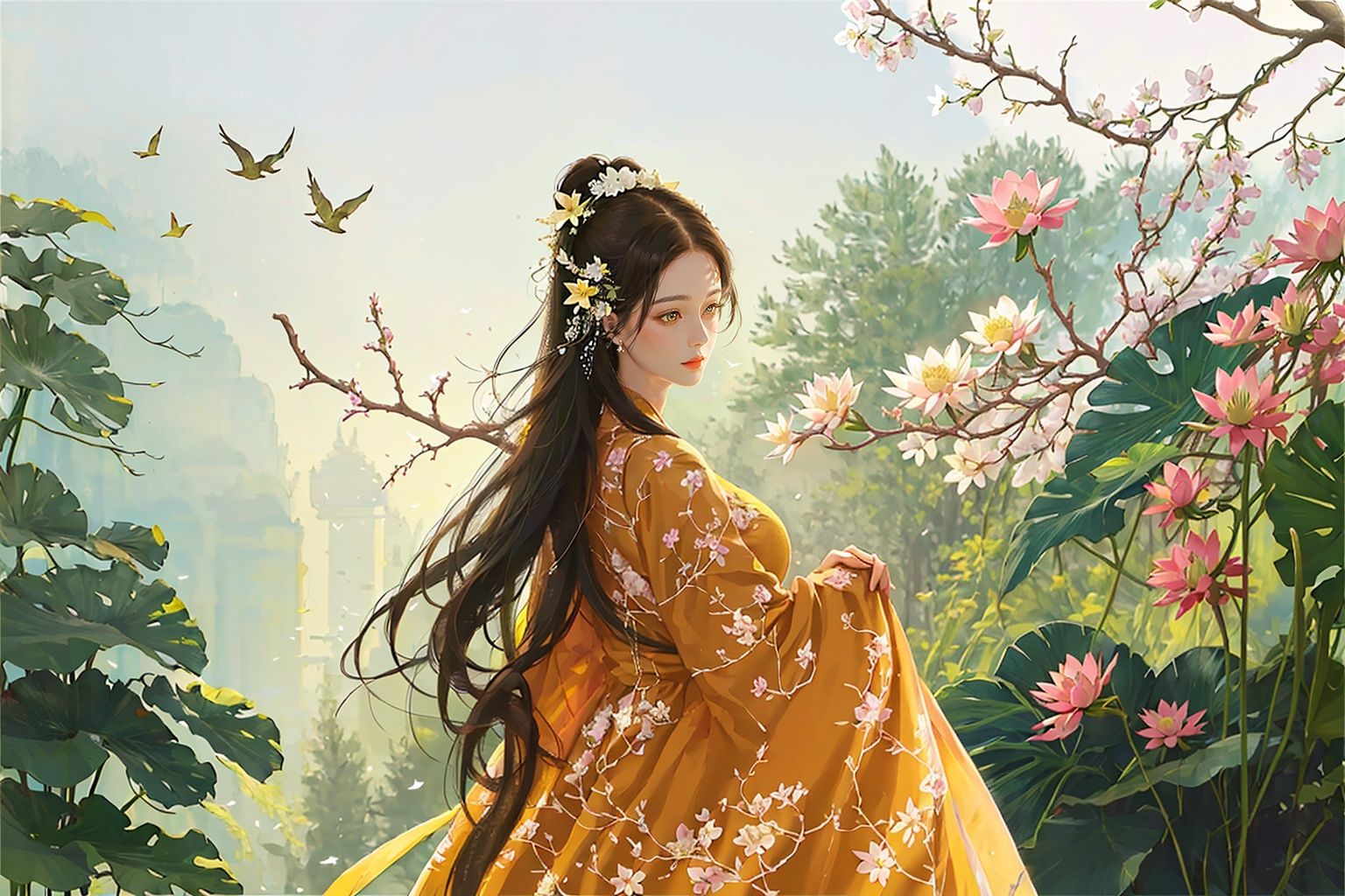 masterpiece,best quality,high detail,ultra high res,<lora:guof-v2.0:0.8>,guof,1girl,bird,long hair,flower,hair ornament,solo,dress,branch,hair flower,yellow dress,lotus,