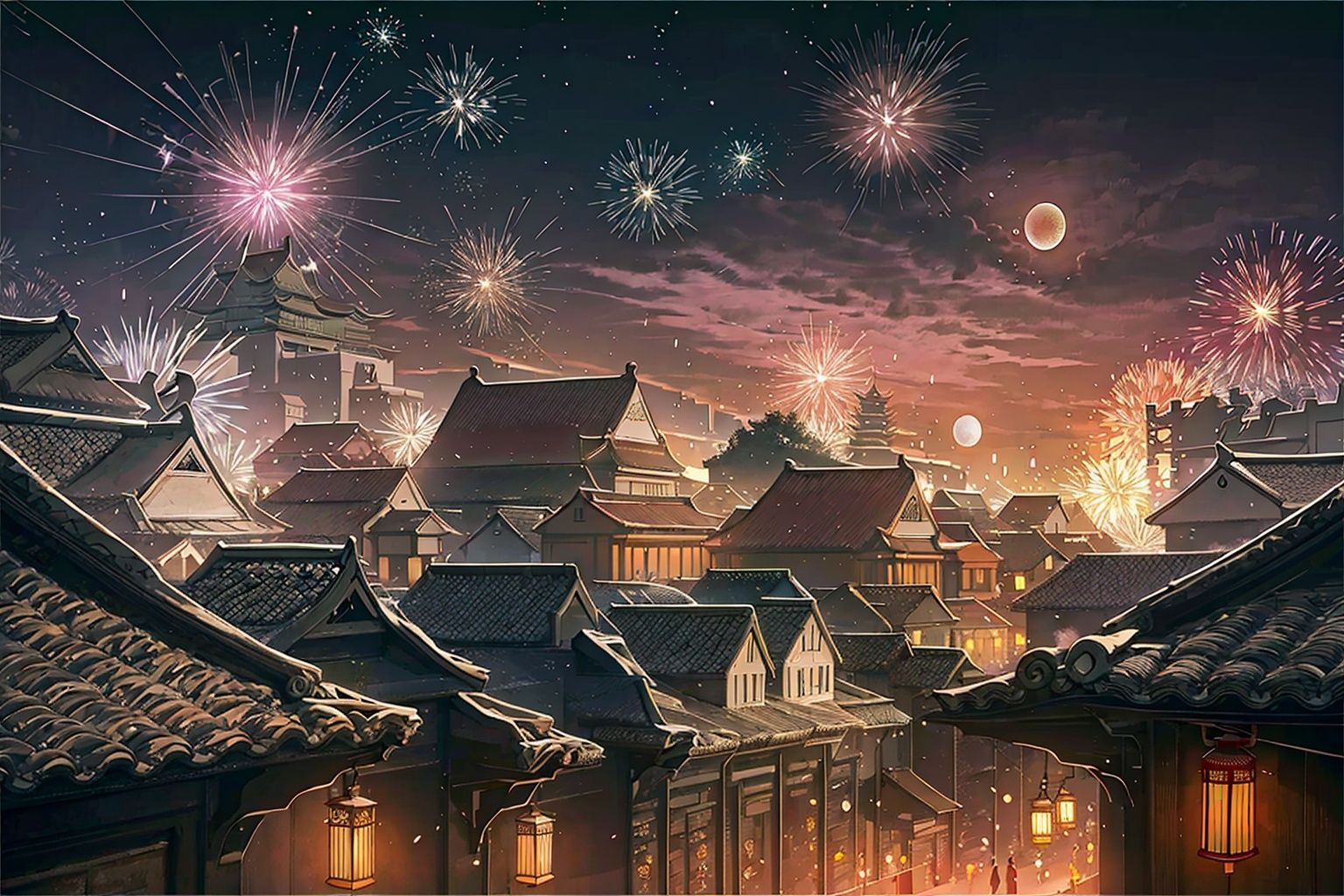 masterpiece,best quality,high detail,ultra high res,<lora:guof-v2.0:0.8>,guof, fireworks, architecture, scenery, night, lantern, chinese architecture, paper lantern, moon, sky, outdoors, night sky,