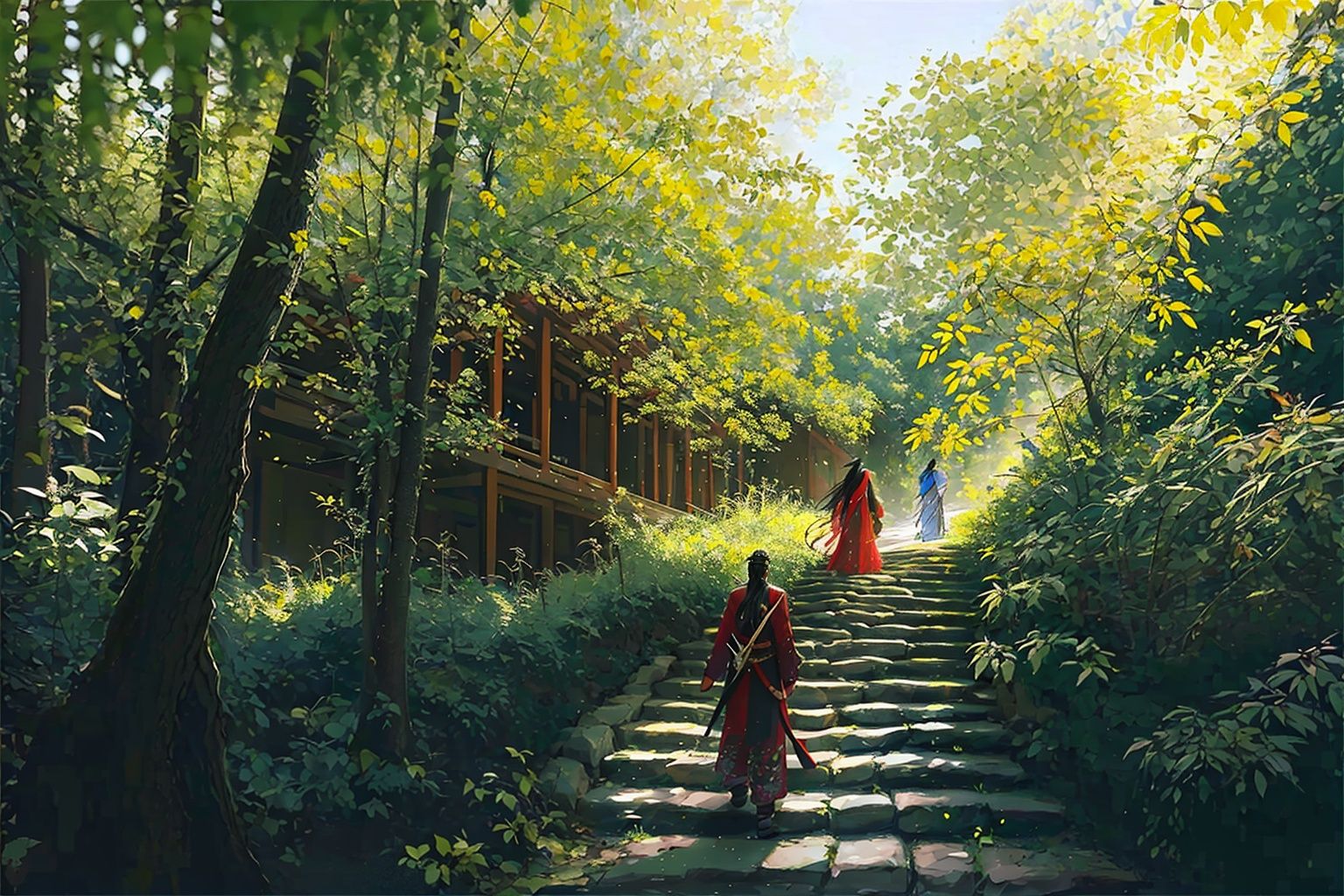 masterpiece,best quality,high detail,ultra high res,<lora:guof-v2.0:0.8>,guof, solo, weapon, tree, sword, scenery, chinese clothes, nature, outdoors, stairs, black hair, 1boy, long hair, sheath,