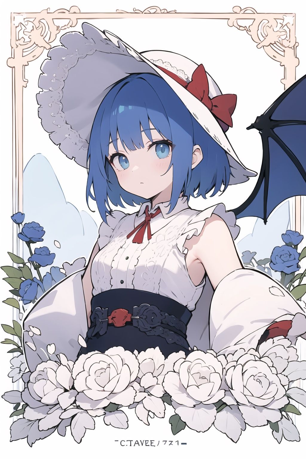 Remilia Scarlet,  zun hat,  extremely detailed lace,  :),  upper body,  arms at sides,  lace,  Blue hair, <lora:EMS-73604-EMS:0.800000>