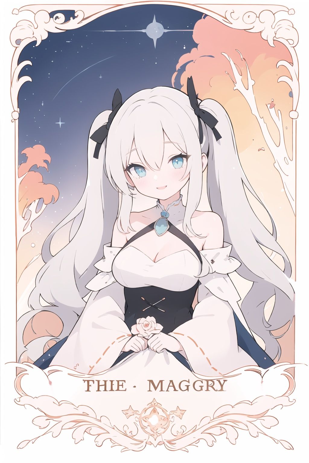 (masterpiece:1.3), (magic circle:1.3), best quality, illustration, white background, sunlight, (detailed beautiful eyes:1.3), 1girl, expressionless, ((wavy hair)), (disheveled hair:1.3), messy hair, long bangs, hairs between eyes, detailed extremely, sitting, ((loli)), gothic_lolita, red pupils, white hair, red Surrounded by roses, A colorful tulle dress, Exquisite details, beautiful eyes, The background of a nighttime human wonderland, a magical background, fireflies, A slender and delicate beautiful face, 1girl, breasts, solo, cleavage, looking at viewer, twintails, large breasts, long hair, dress, bare shoulders, bangs, ribbon, smile, upper body, hair ribbon, earrings, 8K quality, realistic visuals, volumetric lighting, cinematic image quality, ultimate details, complex and exquisite details