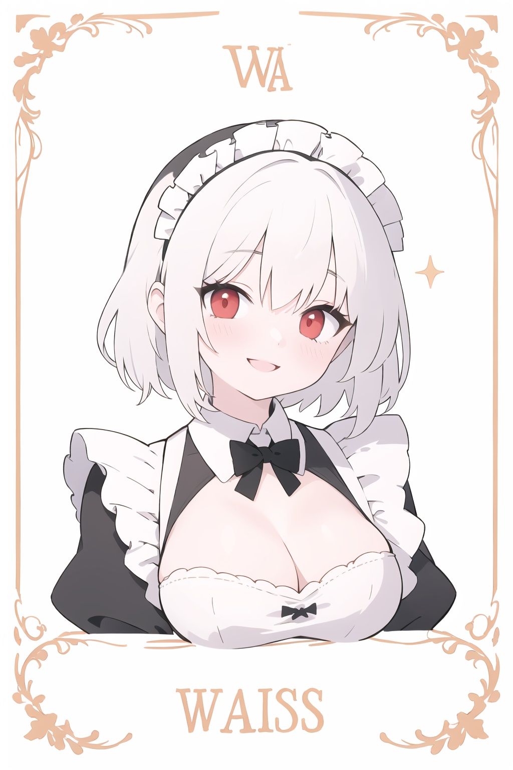 (breeze, wa maid), cleavage, large breasts, bra peek, scales, big breasts, red eyes, blush, White hair, white_background, victorian maid dress, upper_body, close-up, short hair, portrait, (looking at viewer:0.9), smile, head tilt