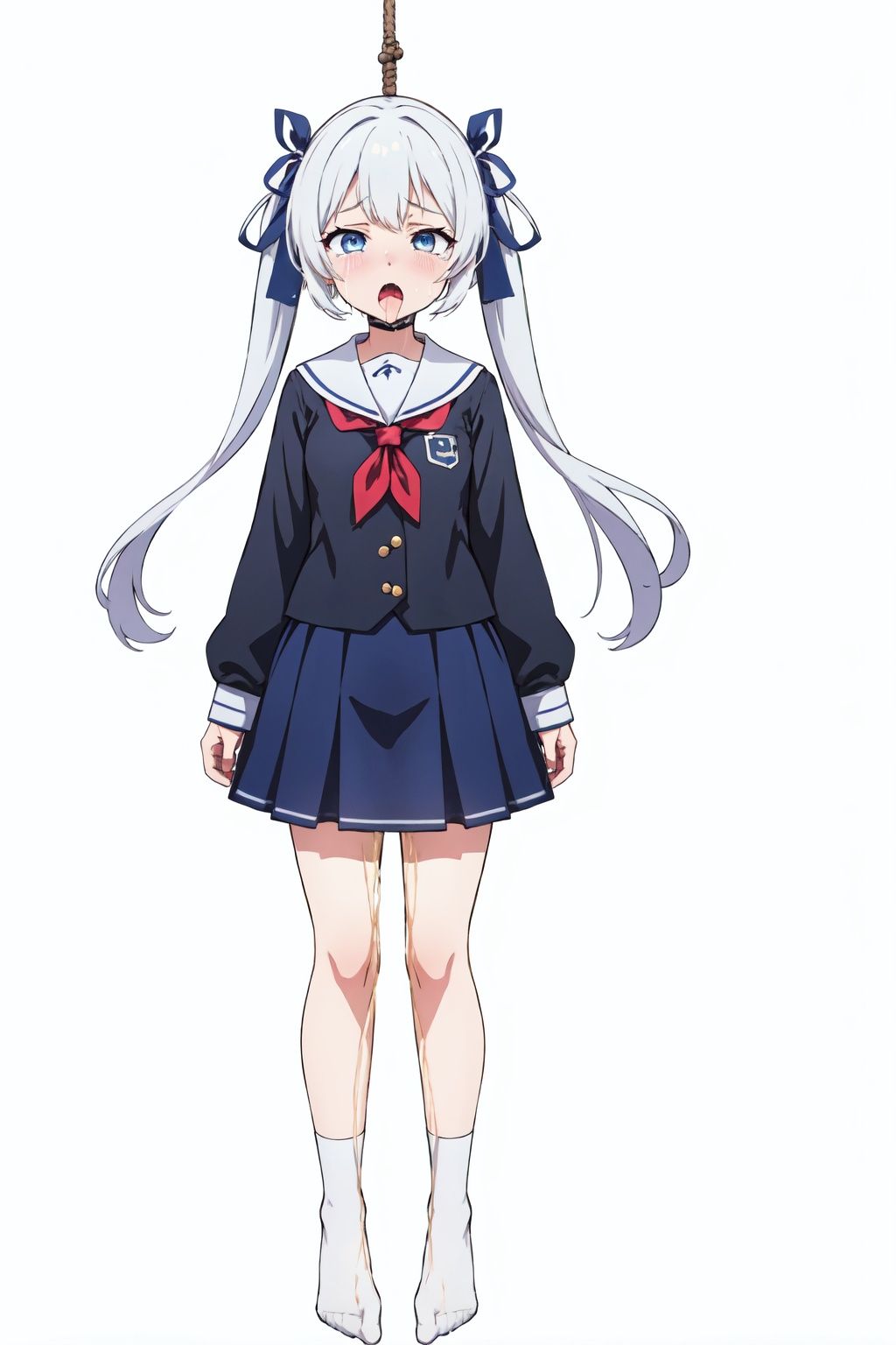  1girl,blue twin_tails,long twin_tails,school_uniform,very short socks,white socks,ankle socks,white background,simple_background, no shoes,barefoot,empty_eyes,mouth_open,tongue_out,rolling eyes,tears,pee,(hanging),rope,Anime
