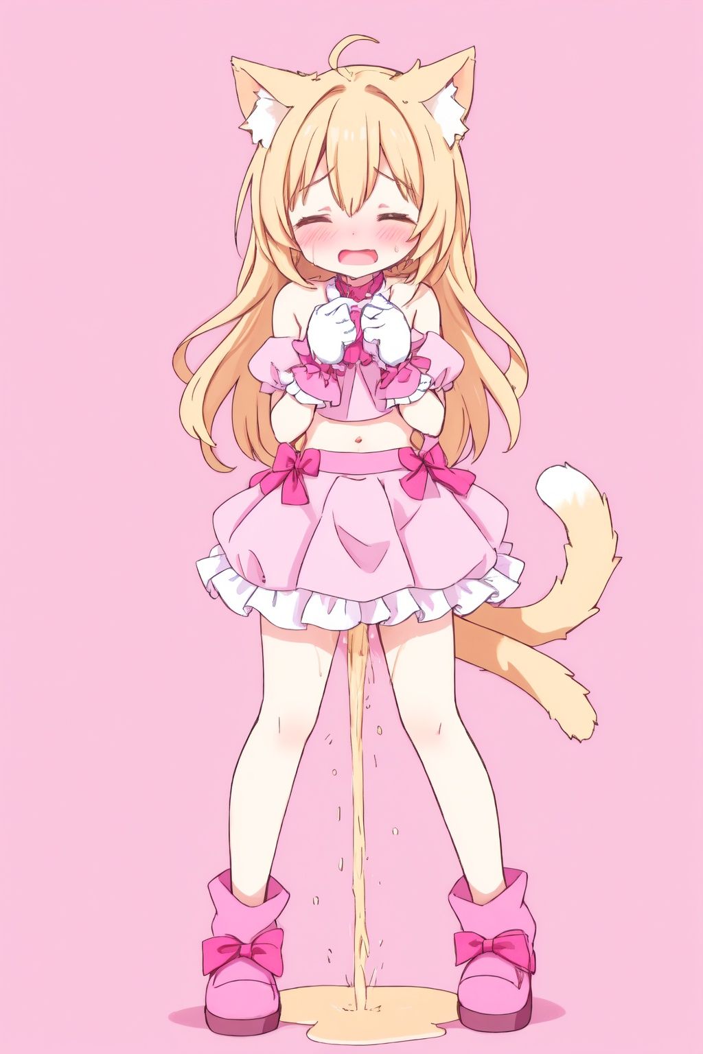 ,peeing, pee, 1girl, peeing self, animal ears, solo, tail, cat tail, blush, embarrassed, breasts, cat ears, long hair, blonde hair, simple background, navel, gloves, fake animal ears, open mouth, pink background, sweat, closed eyes, pink footwear, midriff, pink gloves, skirt, full body, knees together feet apart, crop top, bare shoulders, puddle, frills
