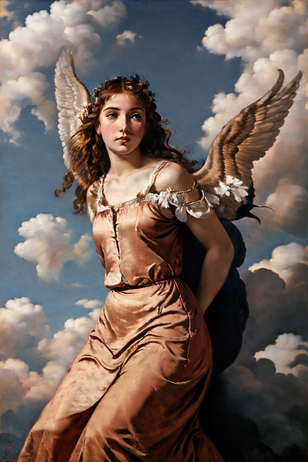  1girl, red dress, angel wings,red wings, blue sky and white clouds,Flying, High in the air,half body,mj,Renaissance,hand101