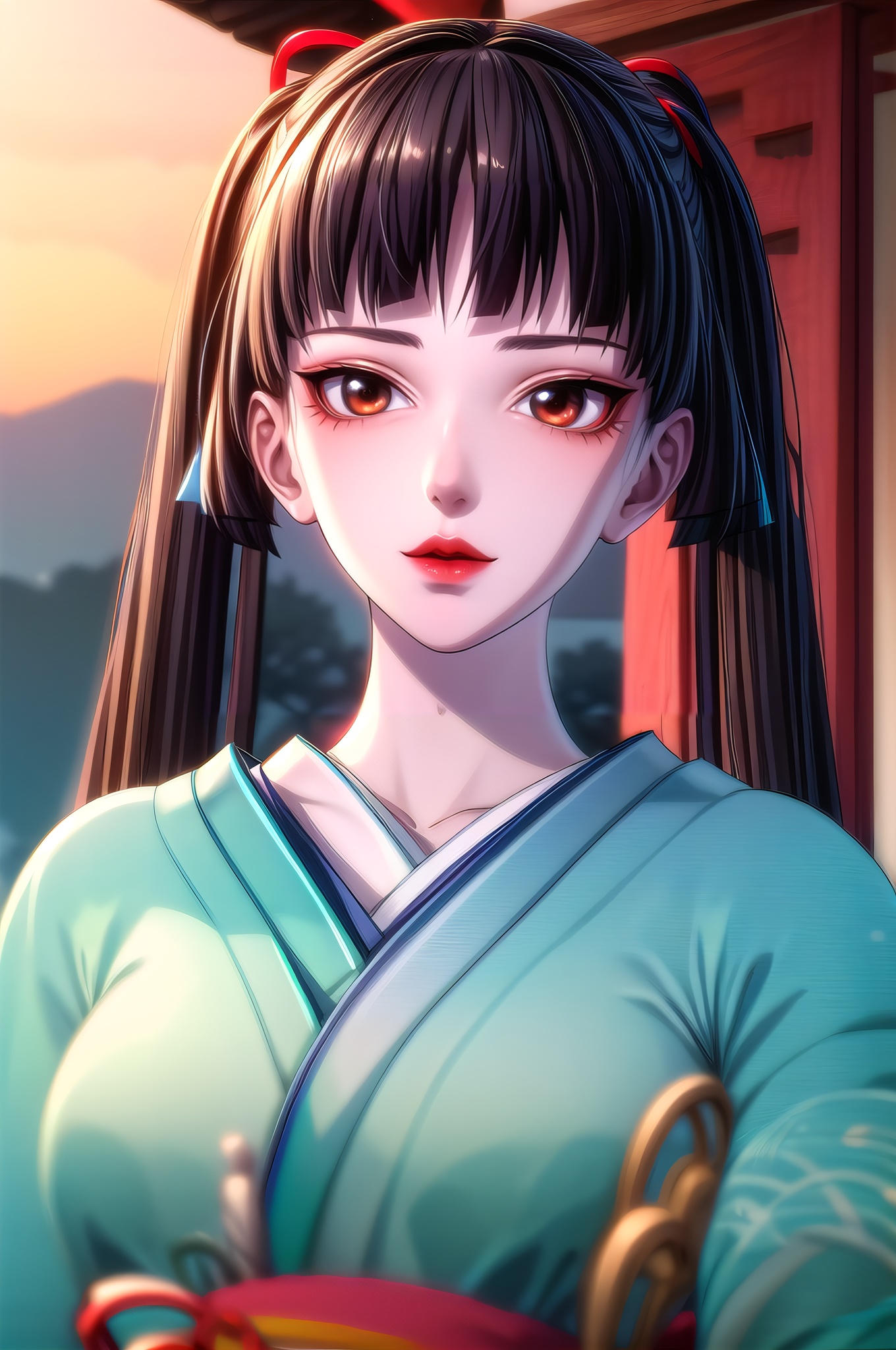 yuanshen,1girl,black hair,looking at viewer,solo,night,twintails,long hair,bangs,japanese clothes,sky,ribbon,upper body,kimono,hair ribbon,blunt bangs,red ribbon,red lips,night sky,red eyes,parted lips,brown eyes,sash, nice hands,  perfect balance, looking at viewer, closed mouth, (Light_Smile:0.3), official art, extremely detailed CG unity 8k wallpaper, perfect lighting, Colorful, Bright_Front_face_Lighting, White skin, (masterpiece:1), (best_quality:1), ultra high res, 4K, ultra-detailed, photography, 8K, HDR, highres, absurdres:1.2, Kodak portra 400, film grain, blurry background, bokeh:1.2, lens flare, (vibrant_color:1.2), professional photograph, (narrow_waist),